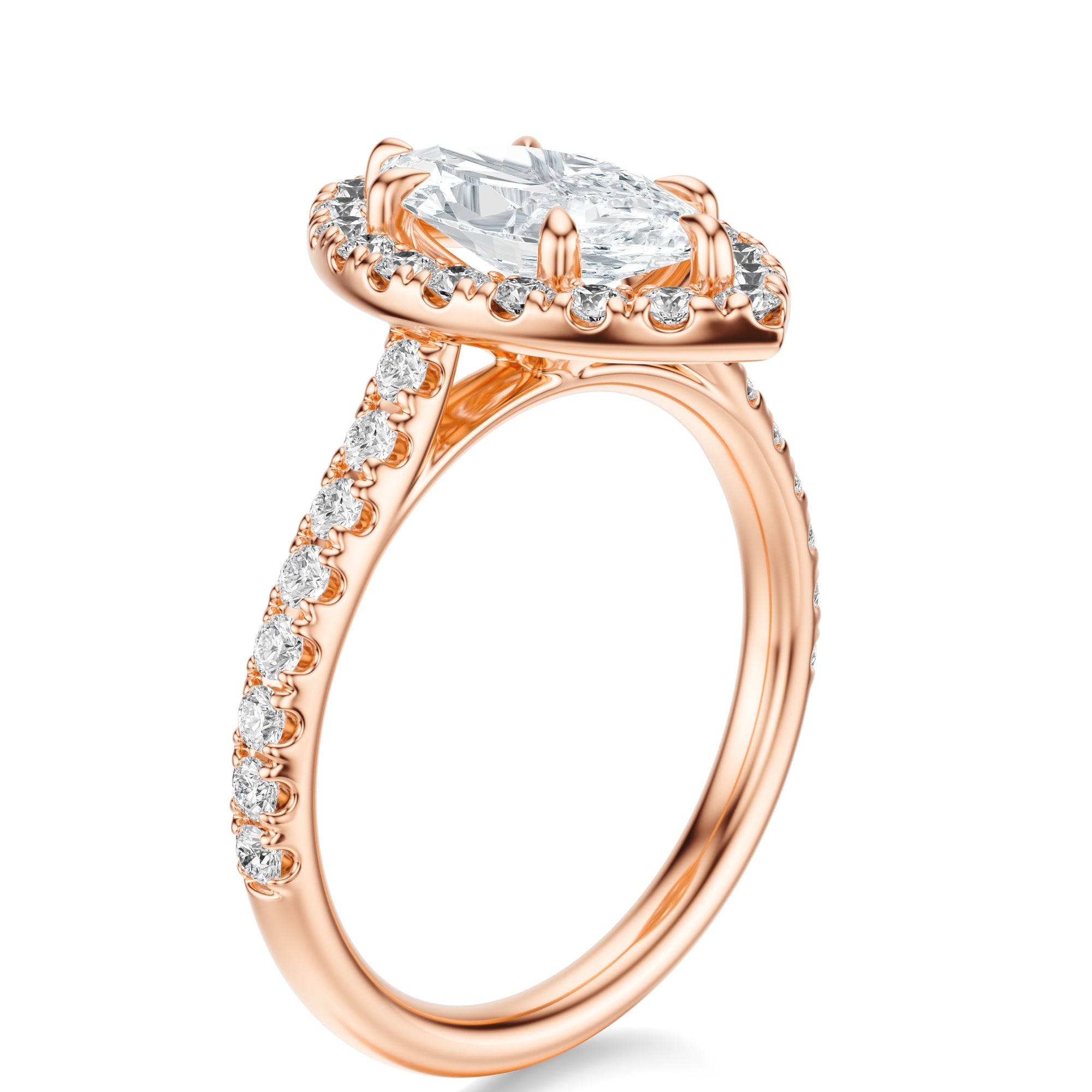 Signature Halo Marquise Engagement Ring - Rose Gold Pavé Band - Side View