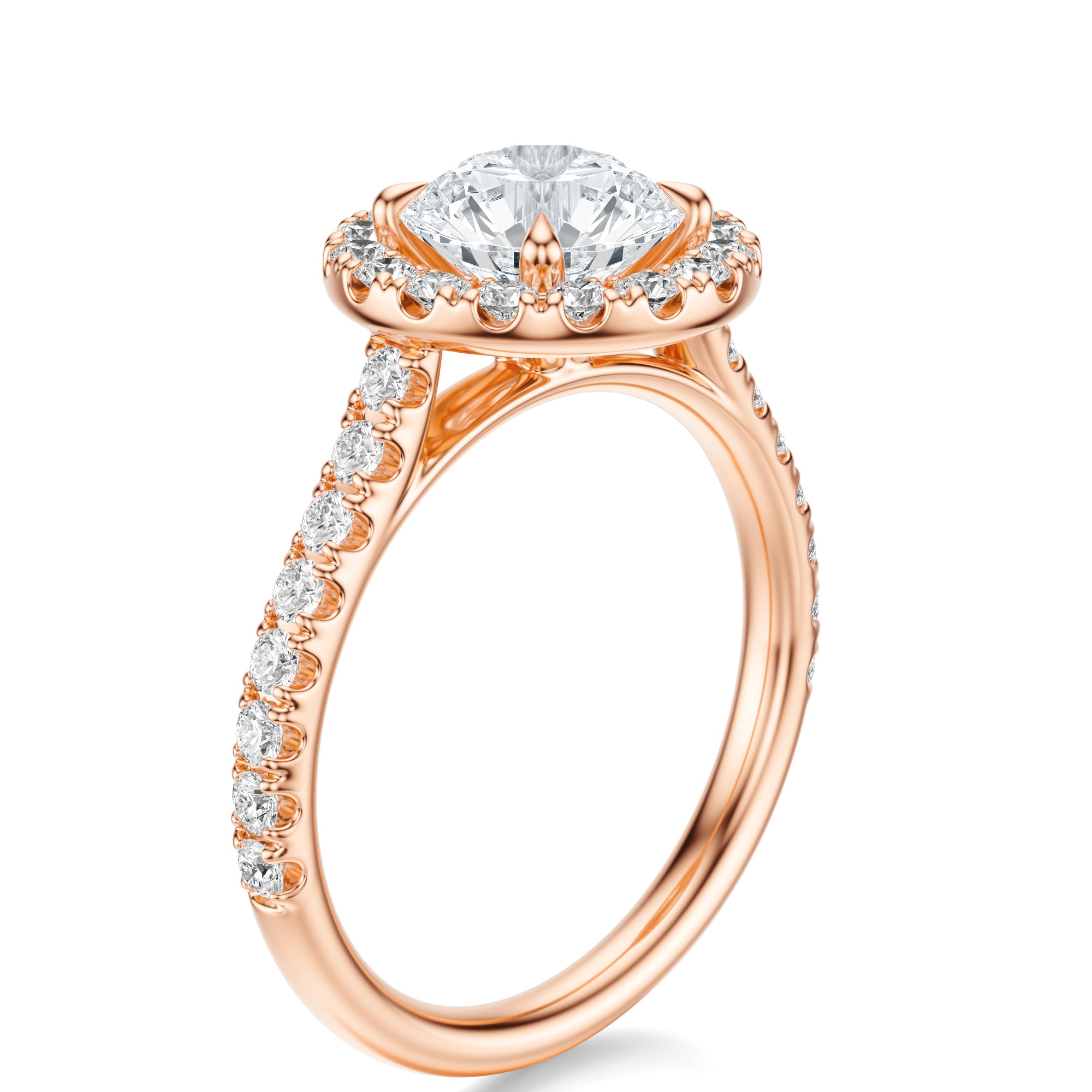 Signature Halo Round Engagement Ring - Rose Gold Pavé Band - Side View