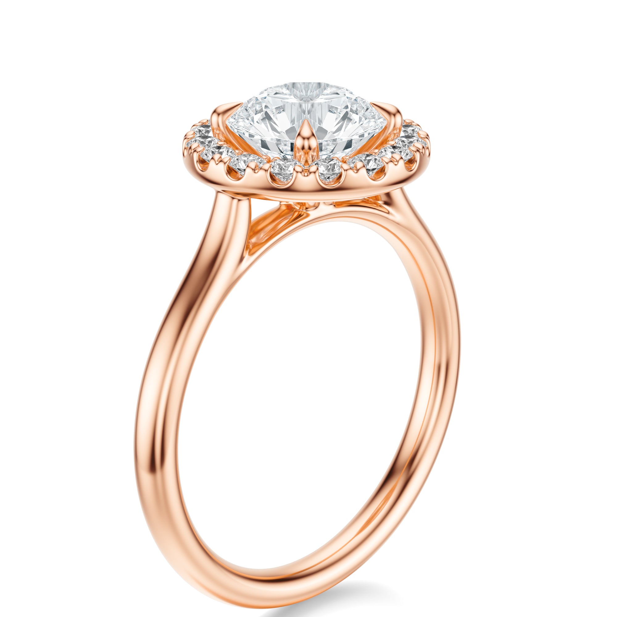 Signature Halo Round Engagement Ring - Rose Gold Polished Band - Side View