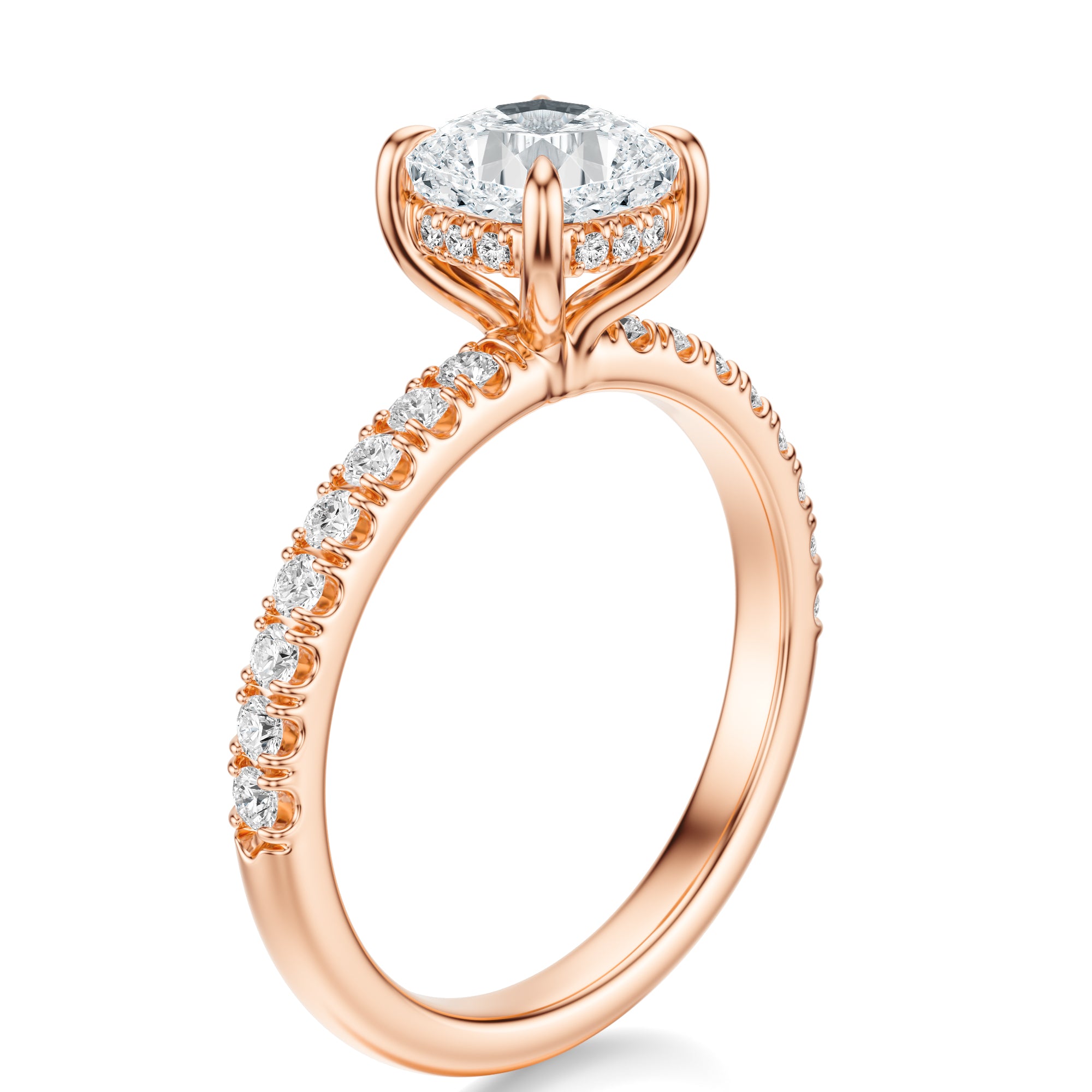 Signature Hidden Halo Cushion Engagement Ring - Rose Gold Pavé Band - Side View