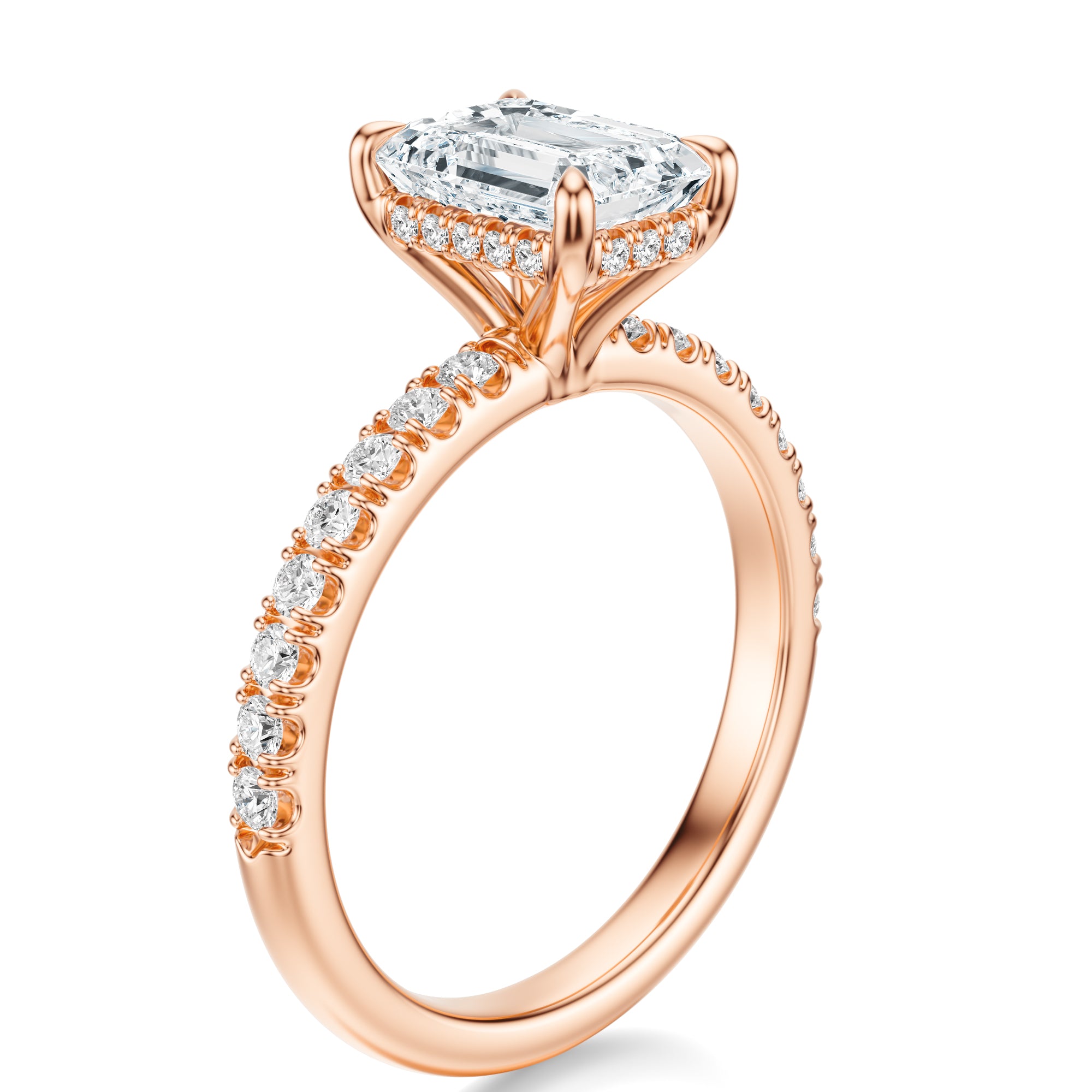 Signature Hidden Halo Emerald Engagement Ring - Rose Gold Pavé Band - Side View