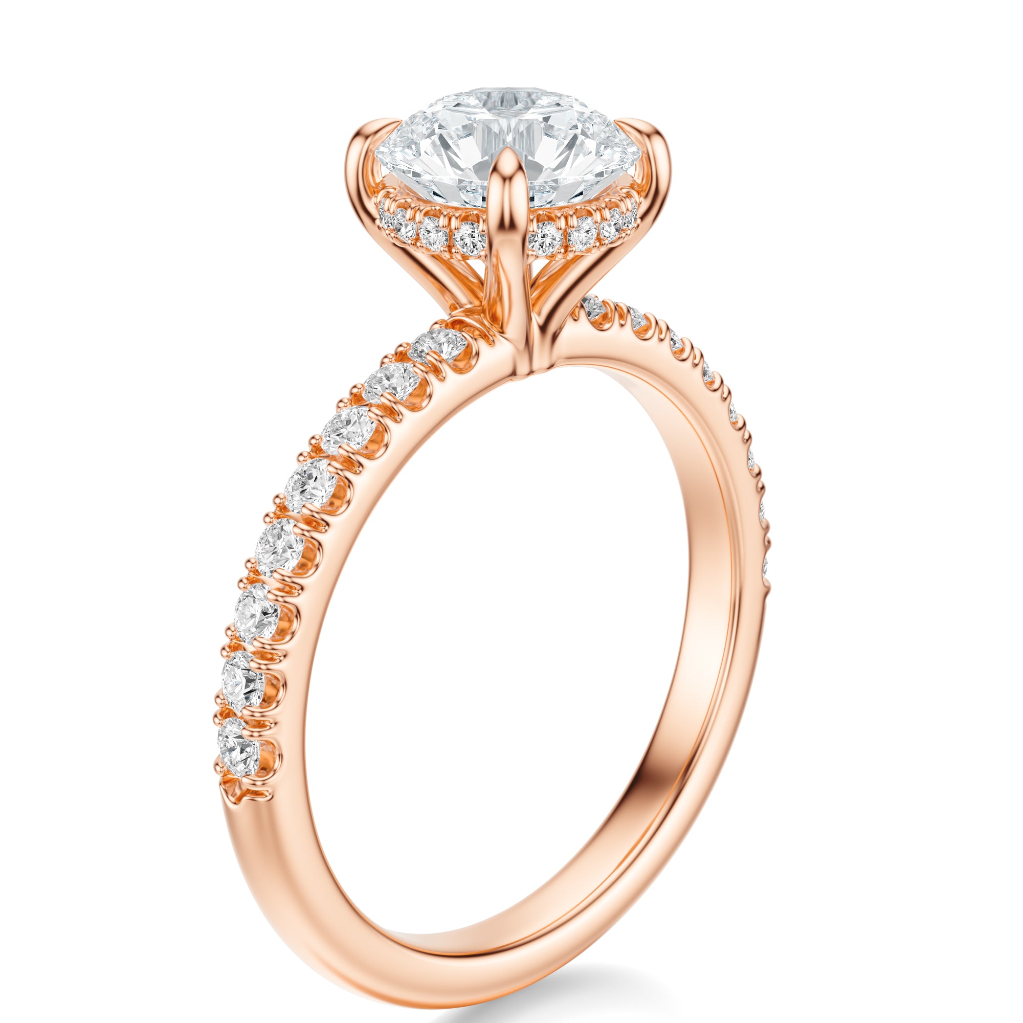 Signature Hidden Halo Round Engagement Ring - Rose Gold Pavé Band - Side View