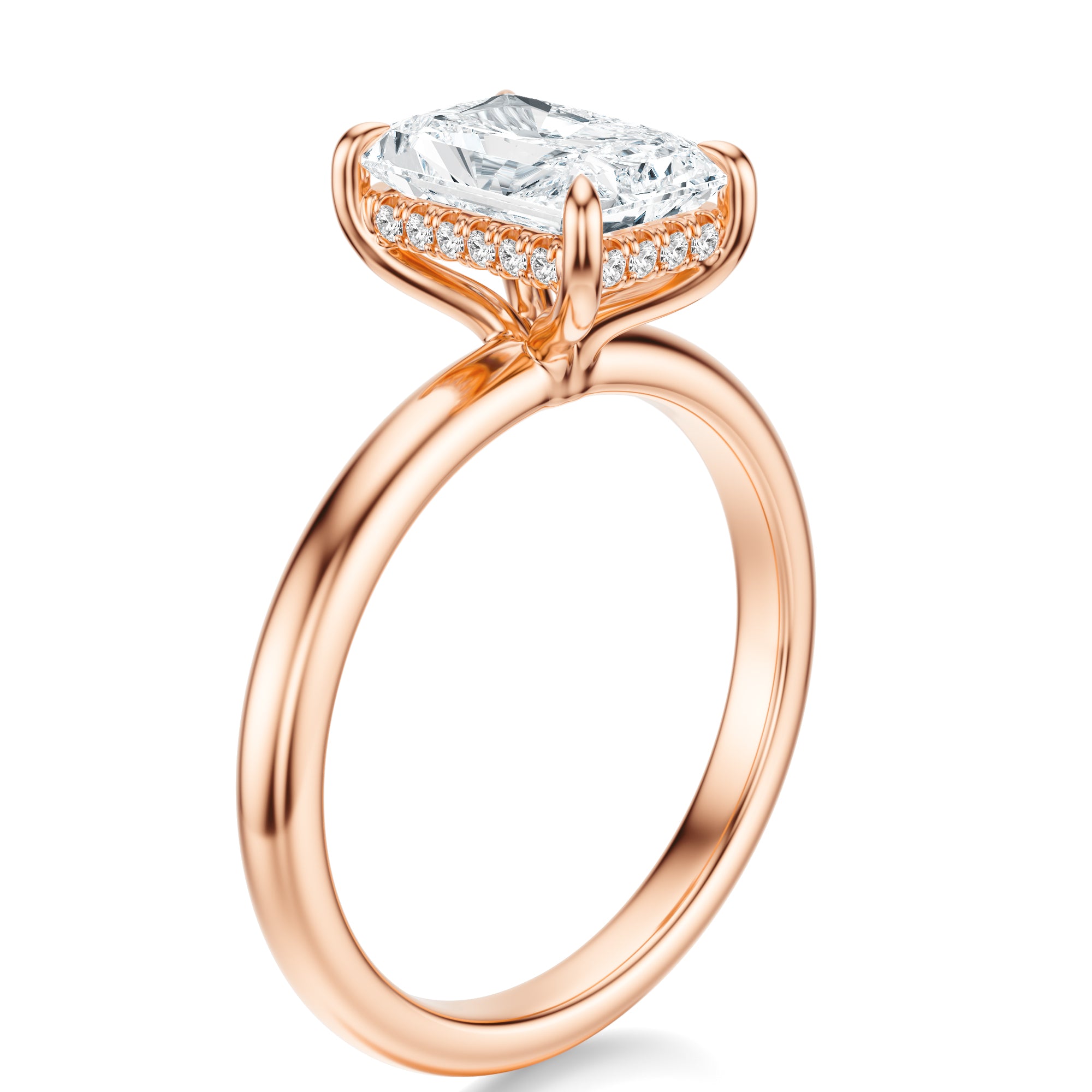 Signature Hidden Halo Radiant Engagement Ring - Rose Gold Polished Band - Side View