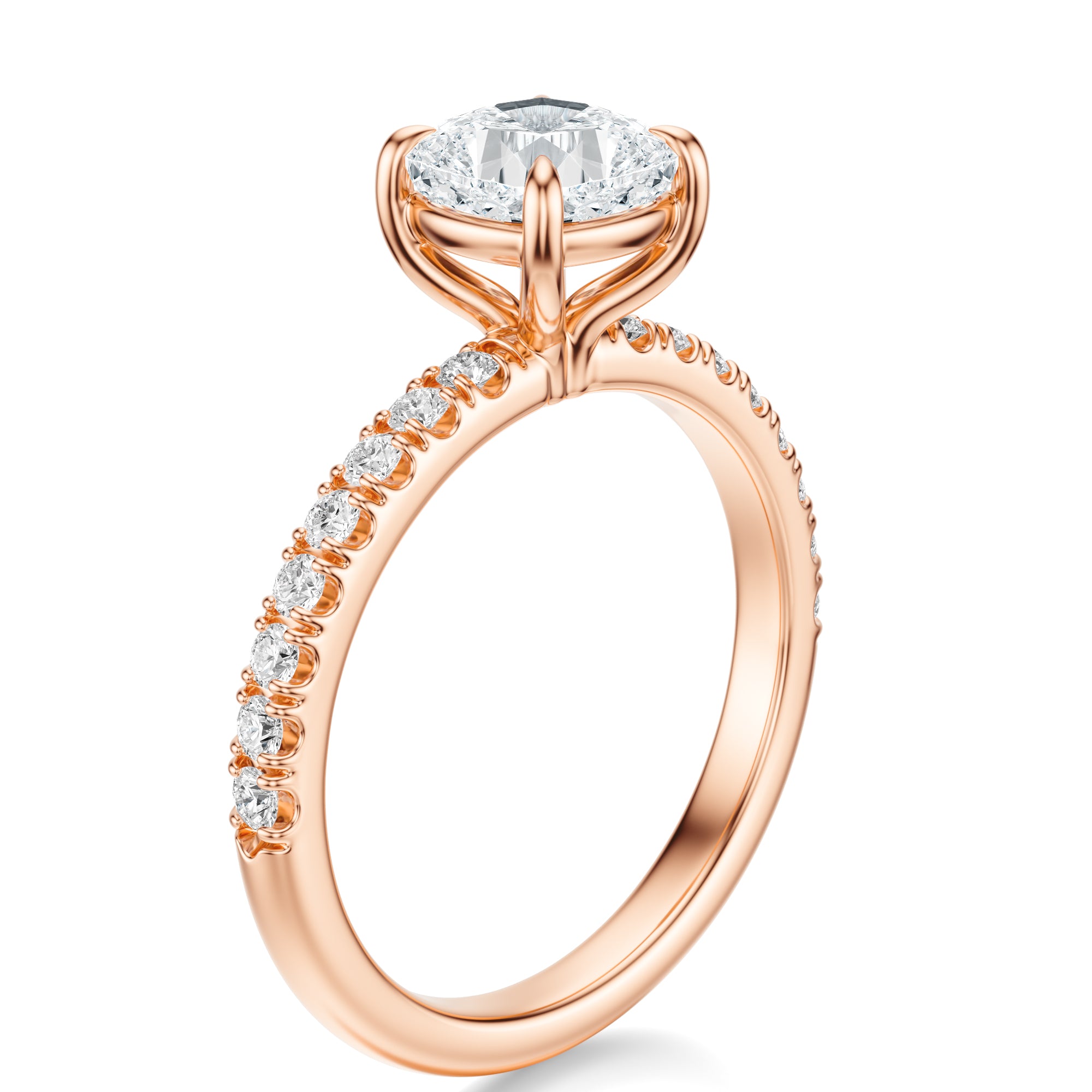 Signature Solitaire Cushion Engagement Ring - Rose Gold Pavé Band - Side View