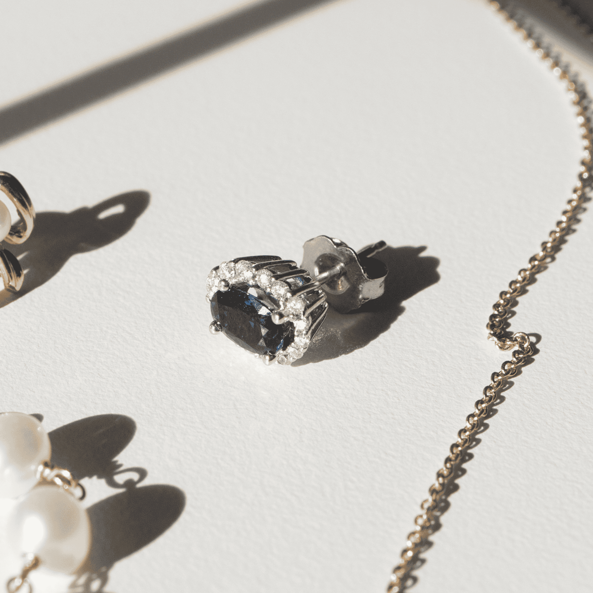 14K Sapphire & Diamond Halo Studs | Hitched Fine Jewelry