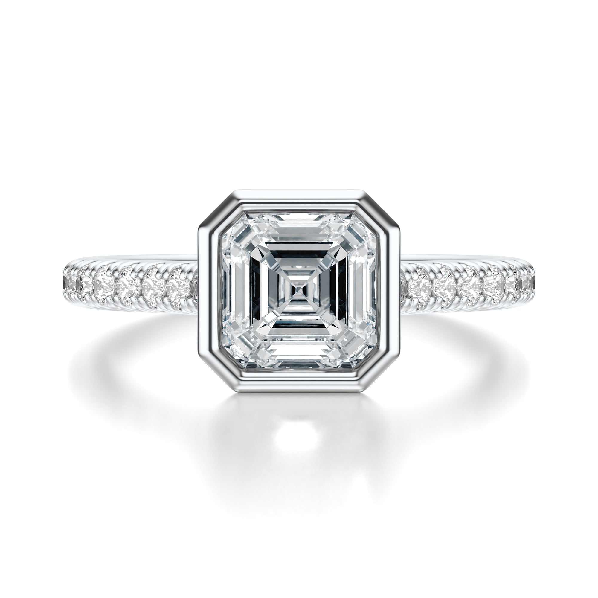 Signature Bezel Asscher Engagement Ring - White Gold Pavé Band - Front View