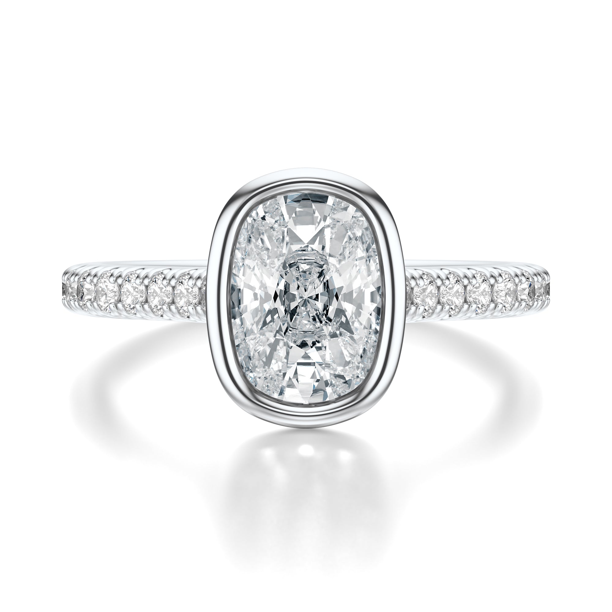 Signature Bezel Elongated Cushion Engagement Ring - White Gold Pavé Band - Front View