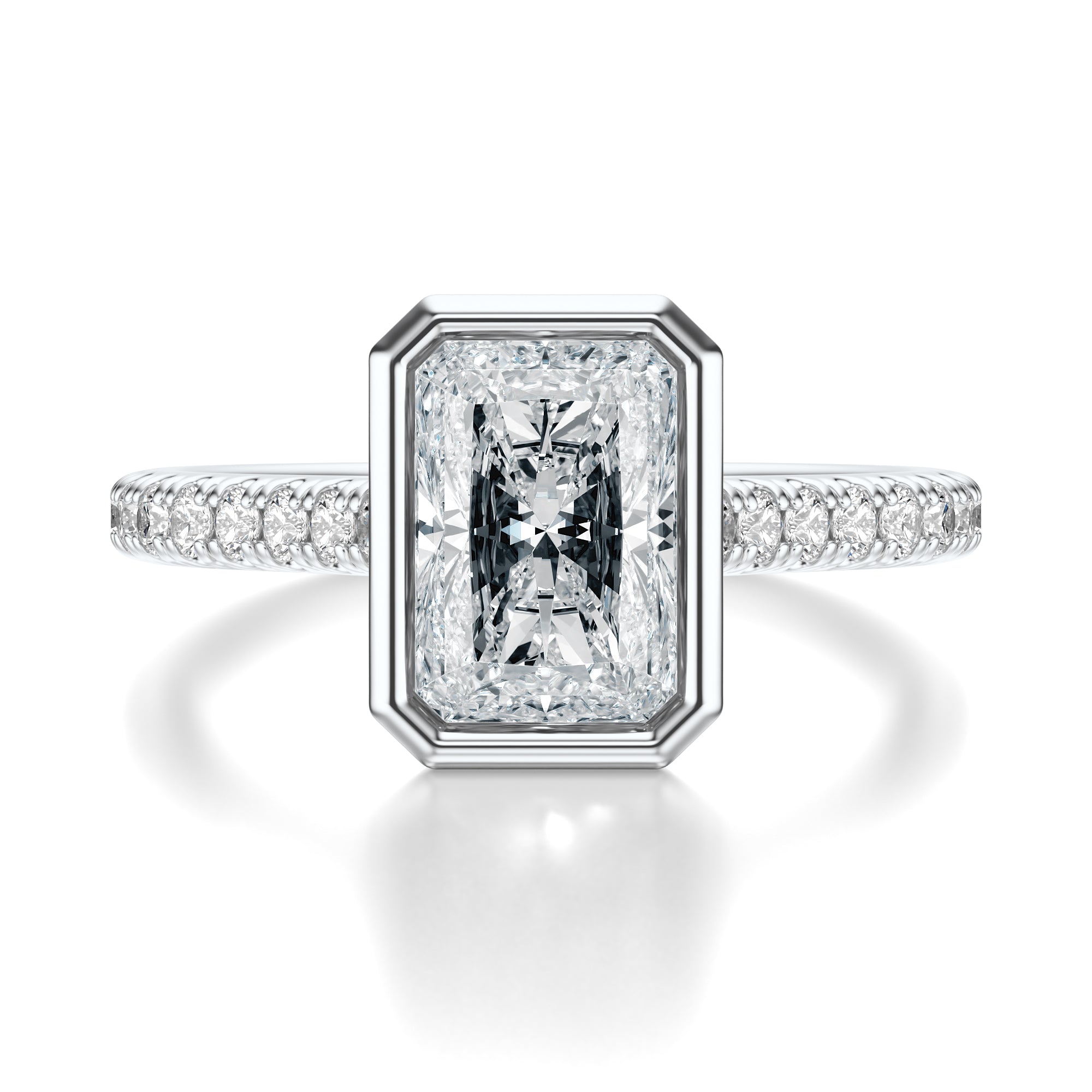 Signature Bezel Emerald Engagement Ring - White Gold Pavé Band - Front View