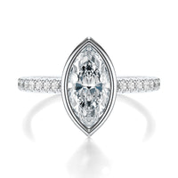 Signature Bezel Marquise Engagement Ring - White Gold Pavé Band - Front View