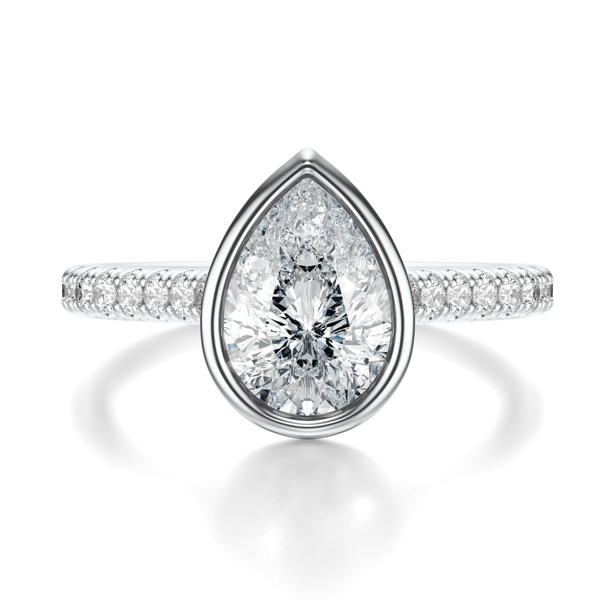 Signature Bezel Pear Engagement Ring - White Gold Pavé Band - Front View
