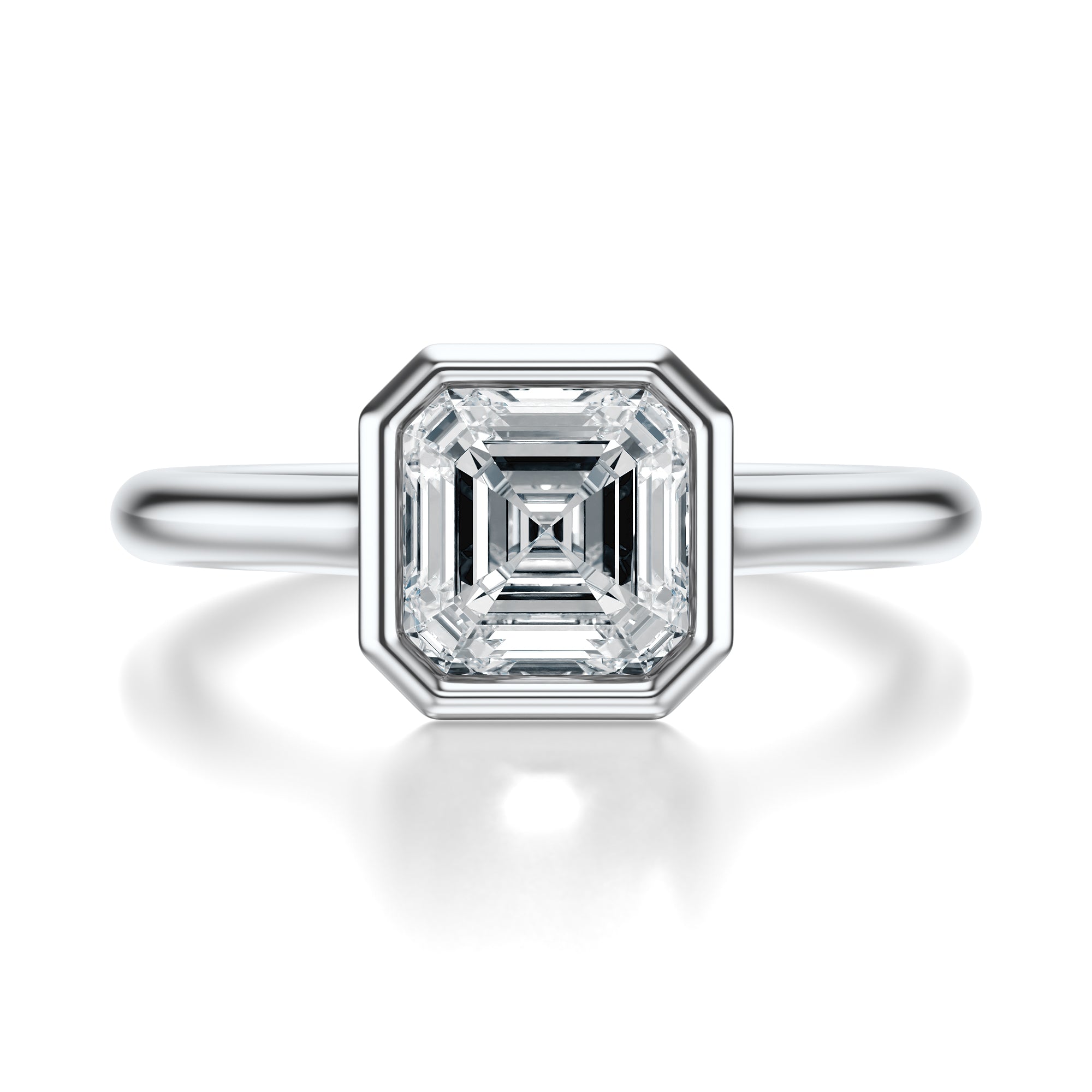 Signature Bezel Asscher Engagement Ring - White Gold Polished Band - Front View