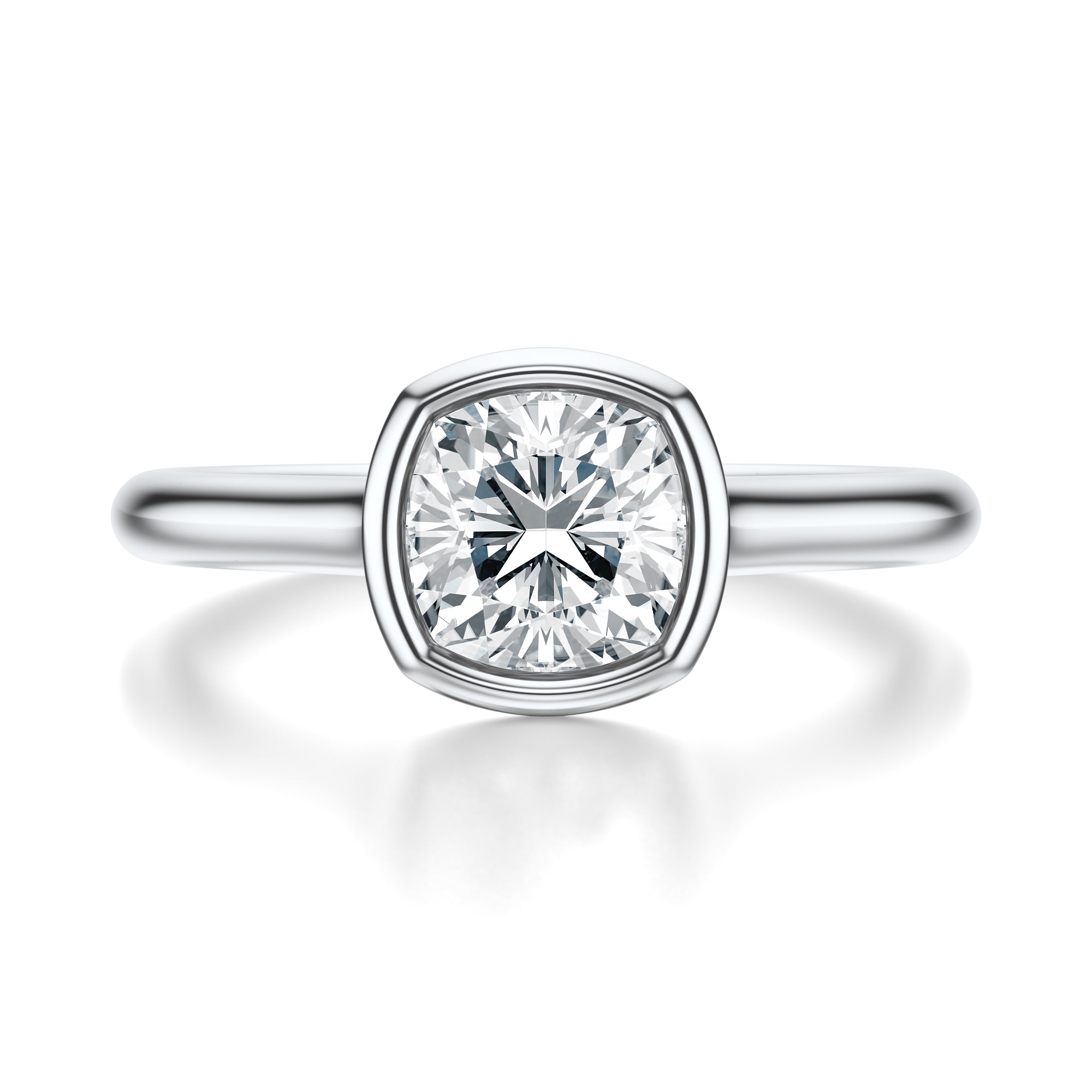 Signature Bezel Cushion Engagement Ring - White Gold Polished Band - Front View