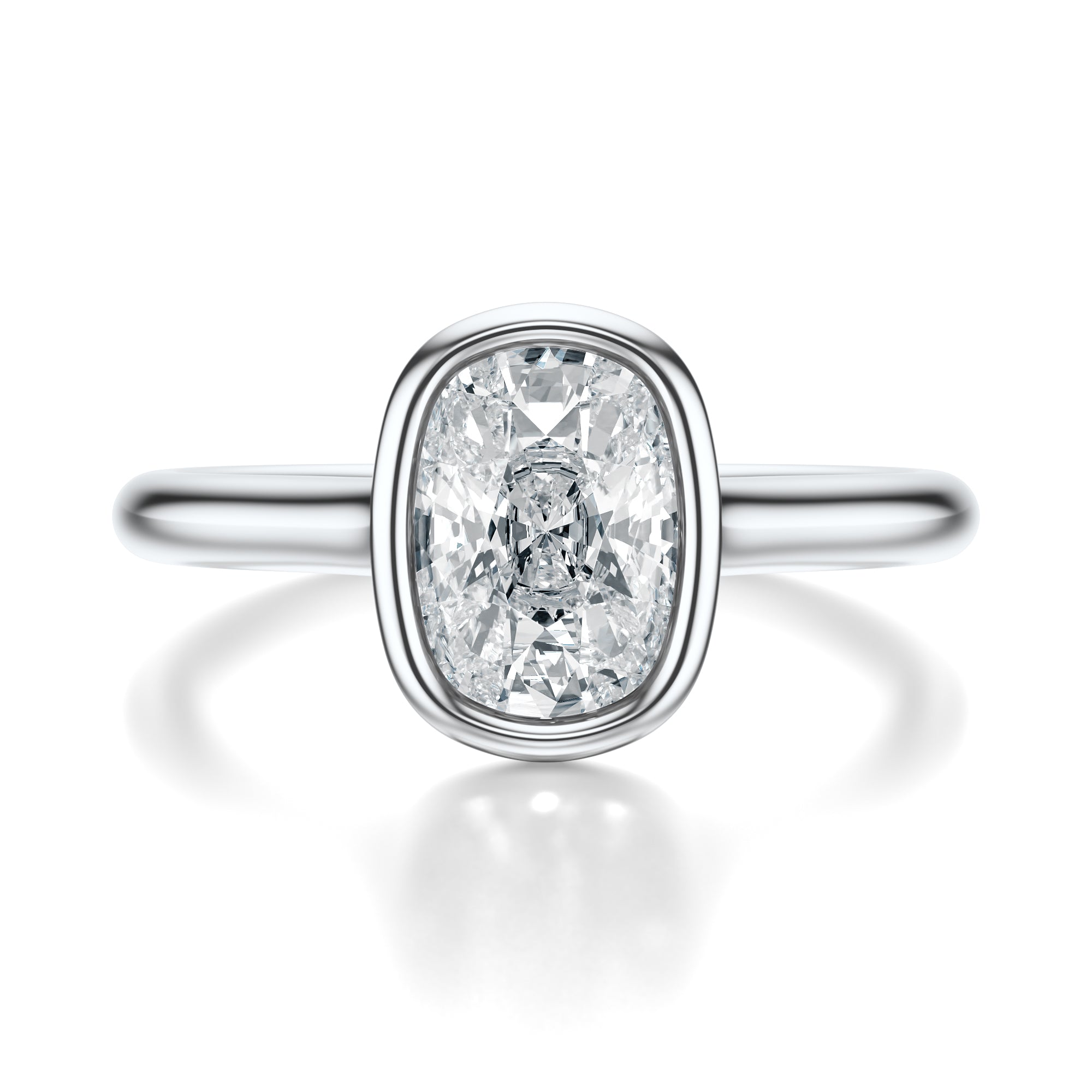 Signature Bezel Elongated Cushion Engagement Ring - White Gold Polished Band - Front View