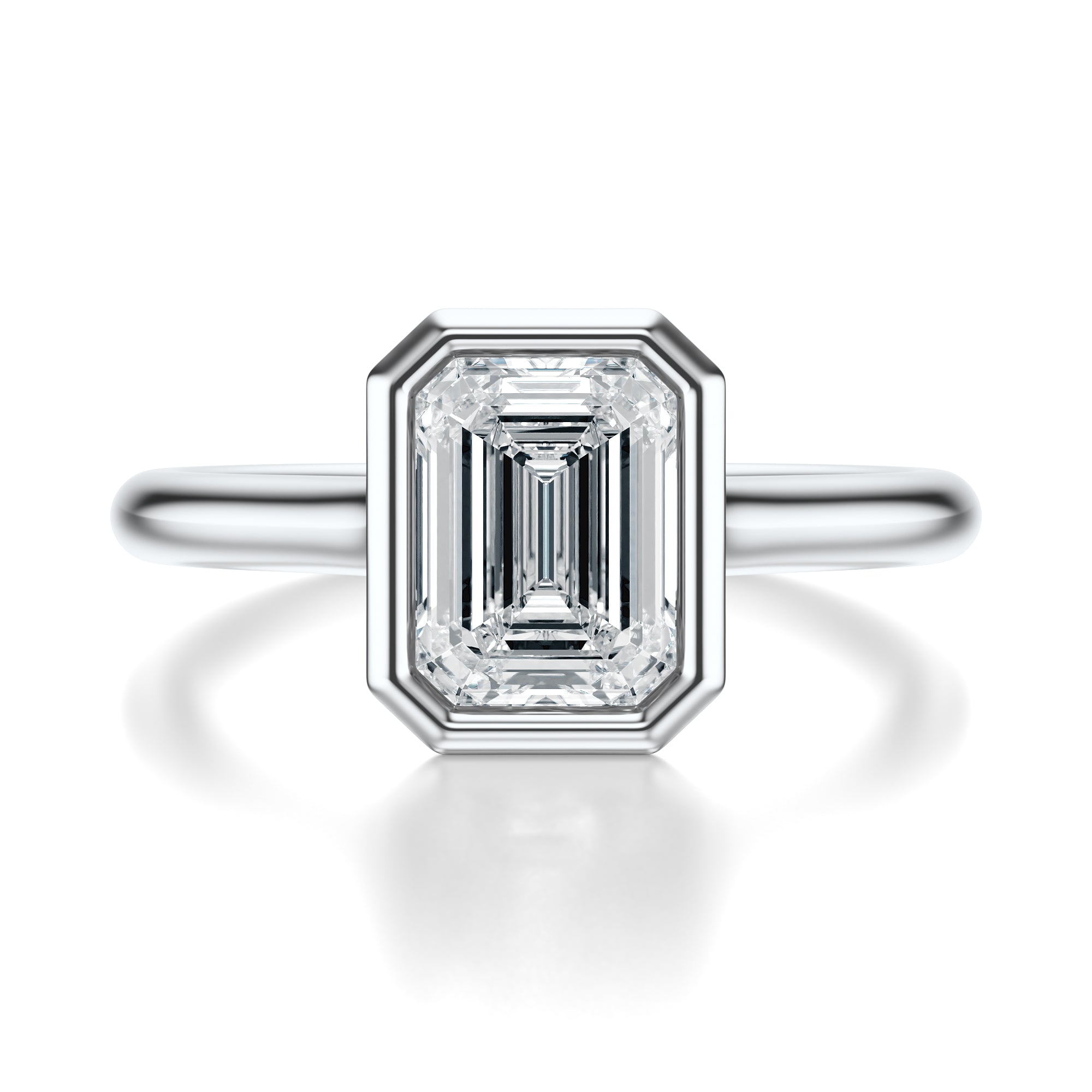 Signature Bezel Emerald Engagement Ring - White Gold Polished Band - Front View
