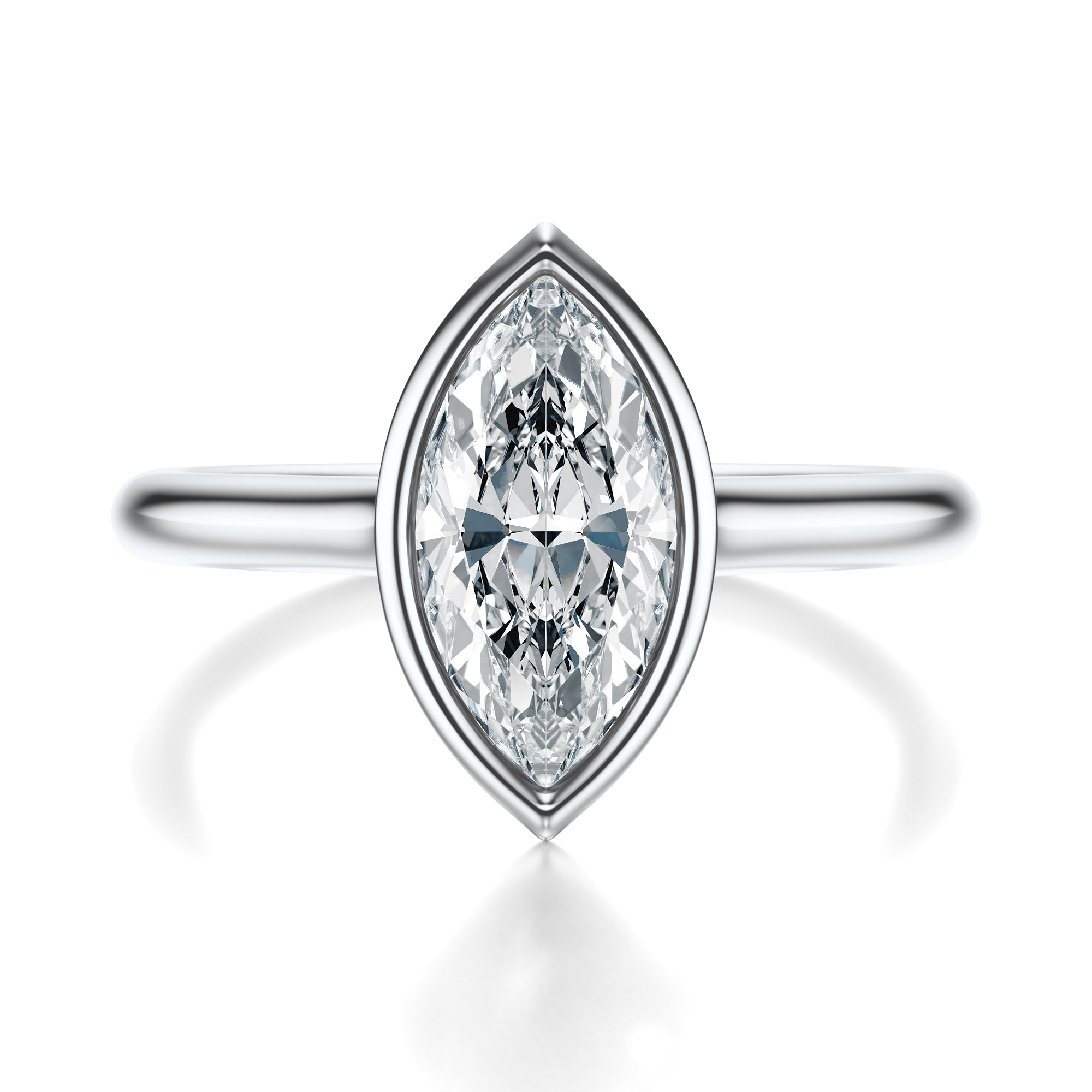 Signature Bezel Marquise Engagement Ring - White Gold Polished Band - Front View