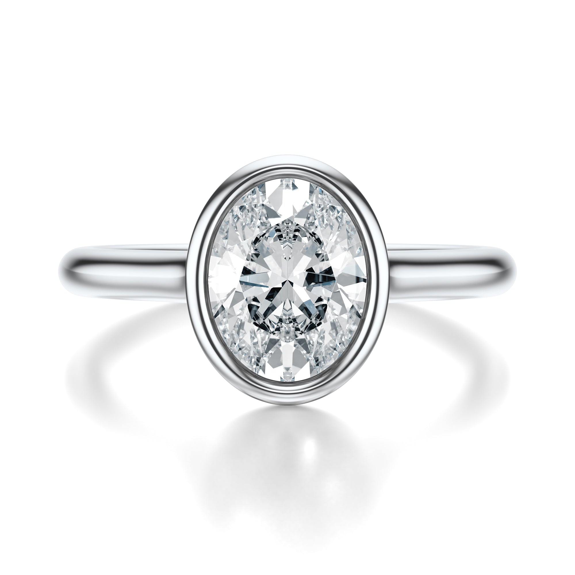 Signature Bezel Oval Engagement Ring - White Gold Polished Band - Front View