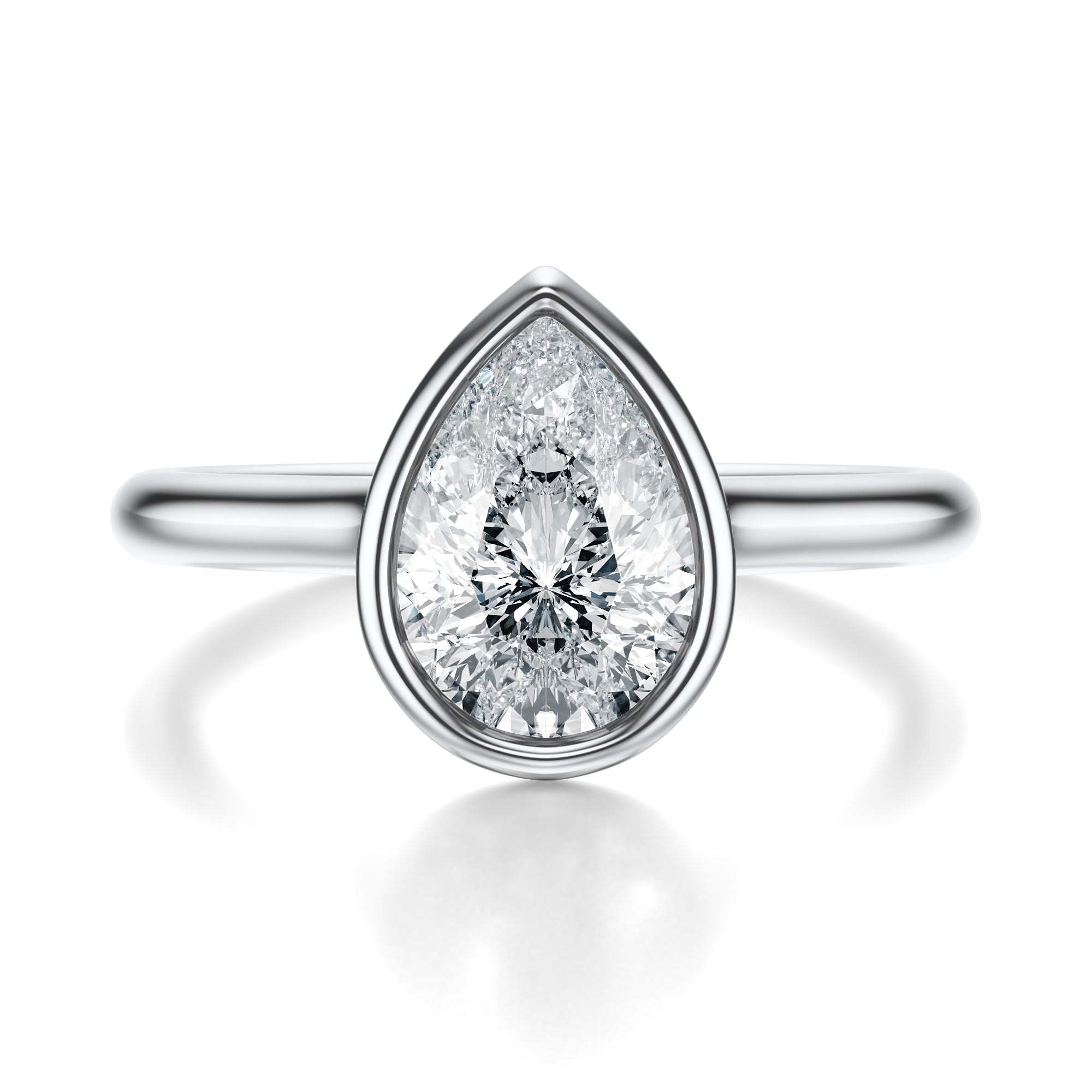 Signature Bezel Pear Engagement Ring - White Gold Polished Band - Front View