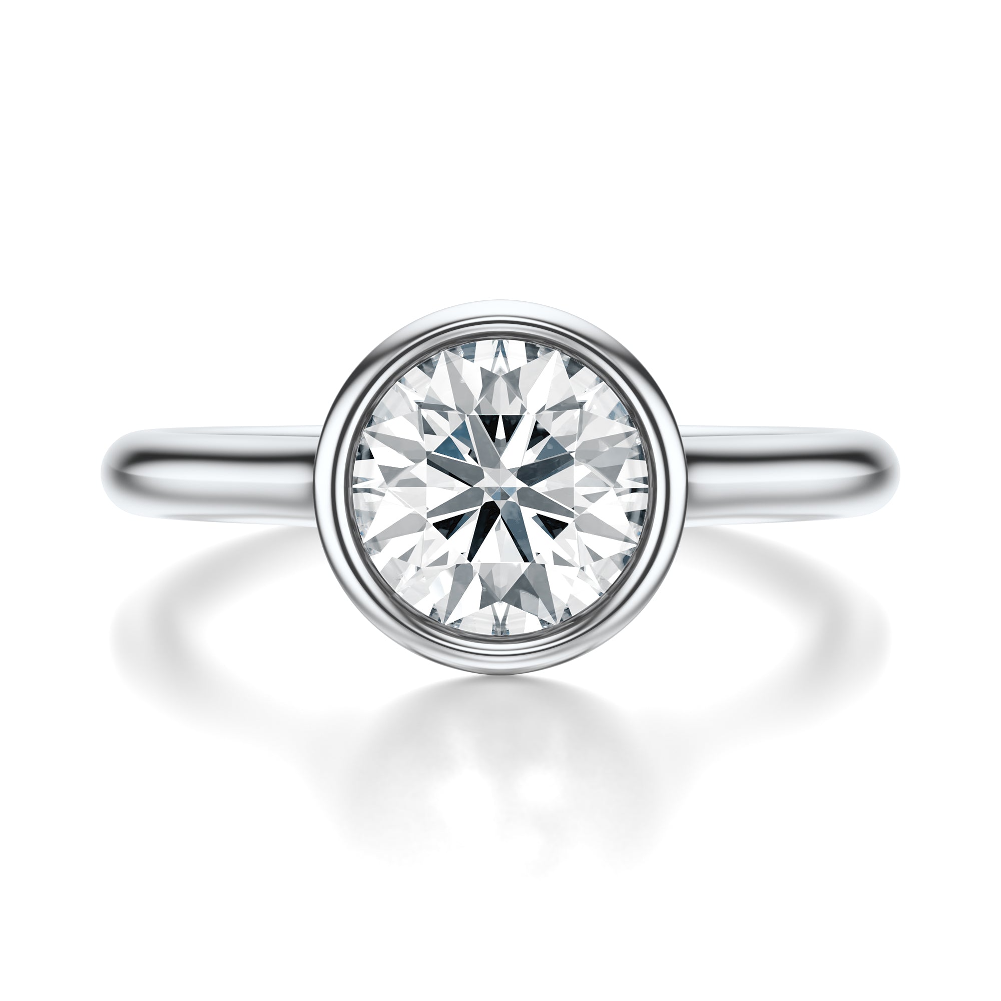 Signature Bezel Round Engagement Ring - White Gold Polished Band - Front View