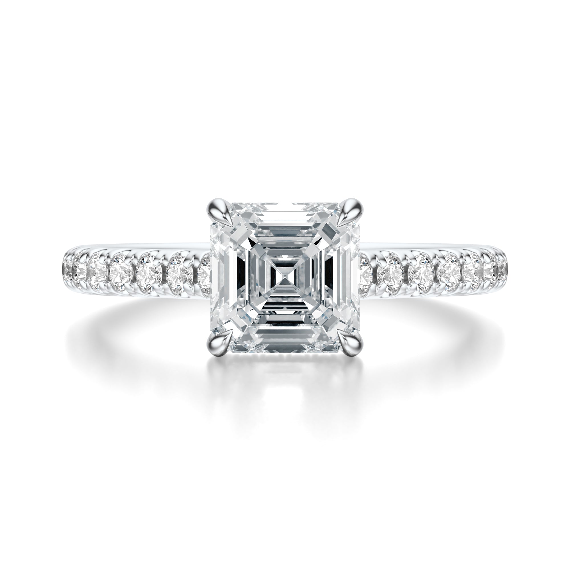 Signature Cathedral Hidden Halo Asscher Engagement Ring - White Gold Pavé Band - Front View