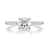 Signature Cathedral Hidden Halo Cushion Engagement Ring - White Gold Pavé Band - Front View