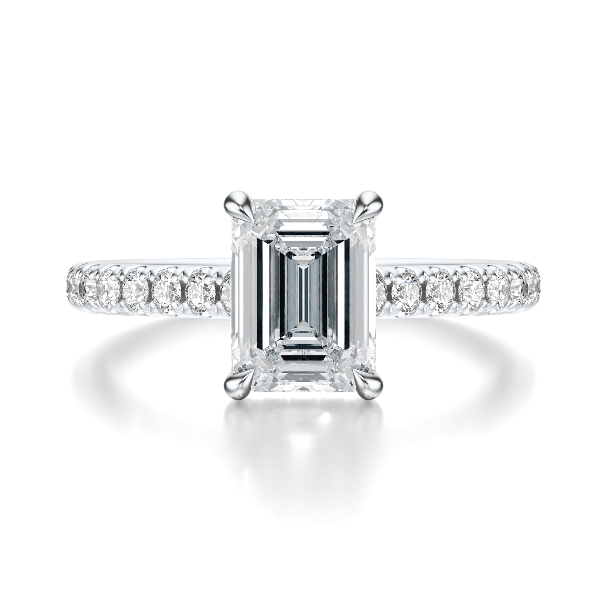 Signature Cathedral Hidden Halo Emerald Engagement Ring - White Gold Pavé Band - Front View