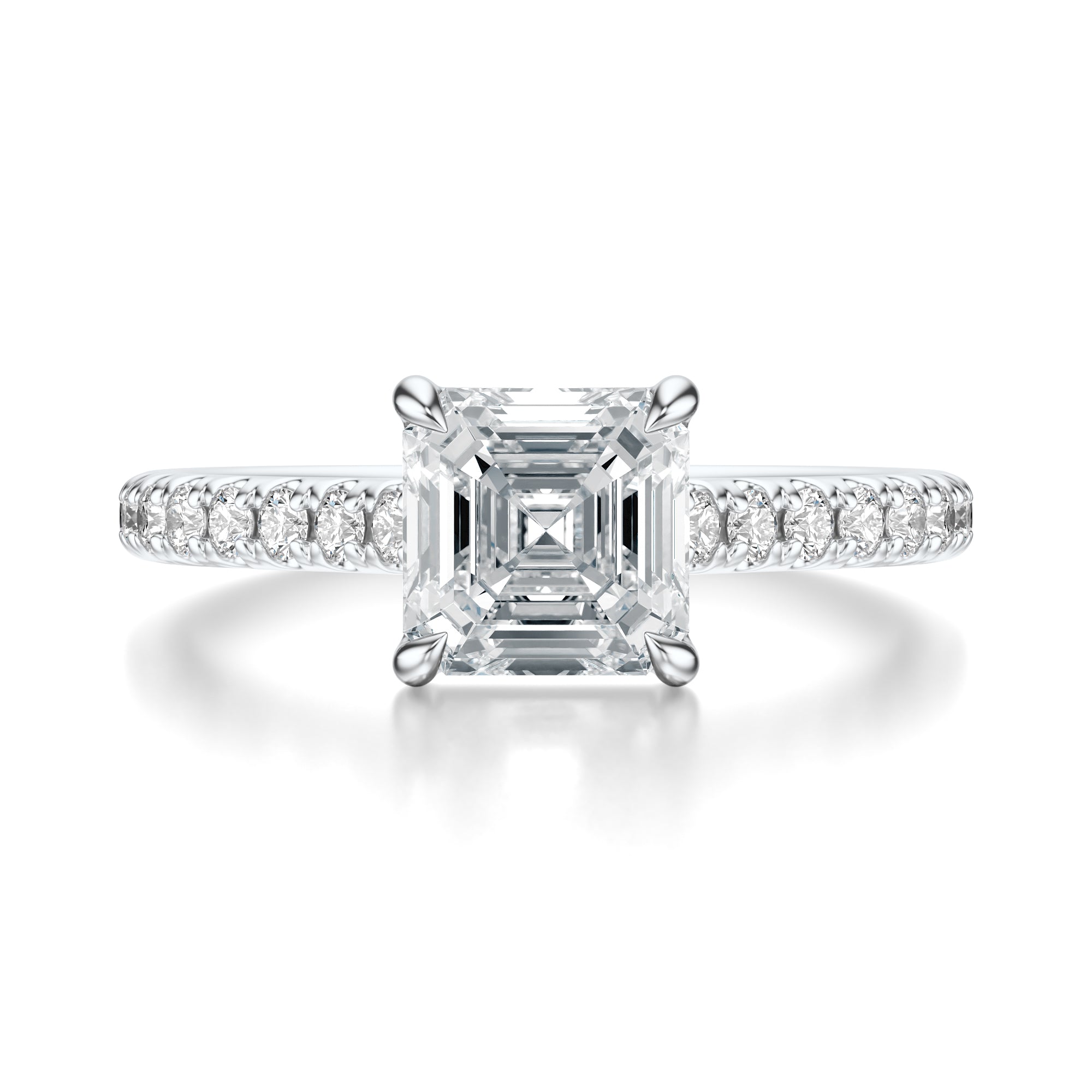 Signature Cathedral Asscher Engagement Ring - White Gold Pavé Band - Front View