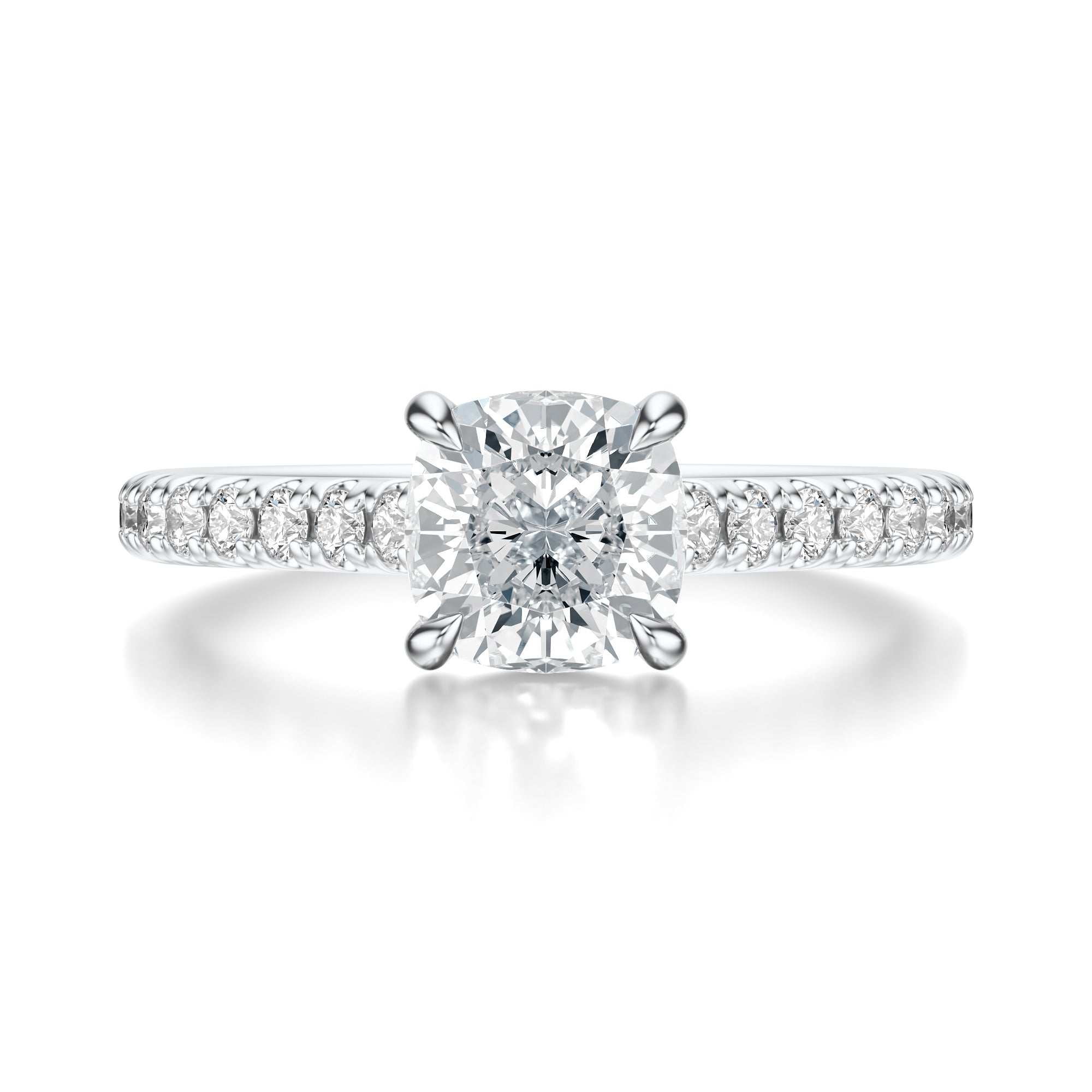 Signature Cathedral Cushion Engagement Ring - White Gold Pavé Band - Front View