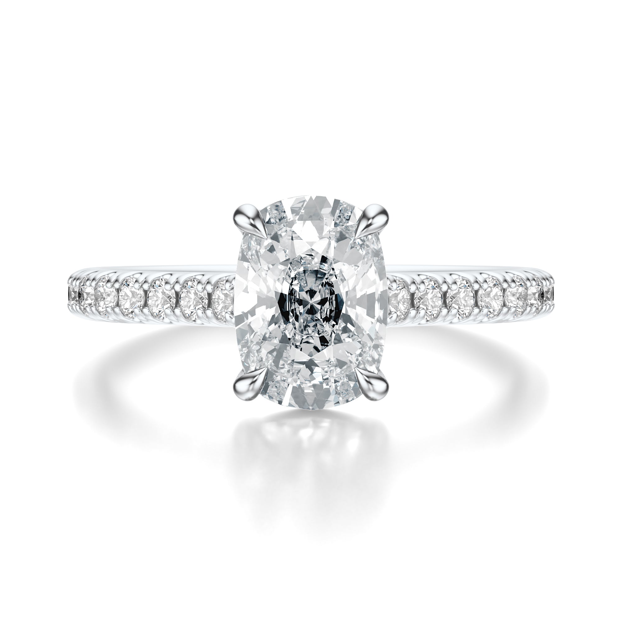 Signature Cathedral Elongated Cushion Engagement Ring - White Gold Pavé Band - Front View