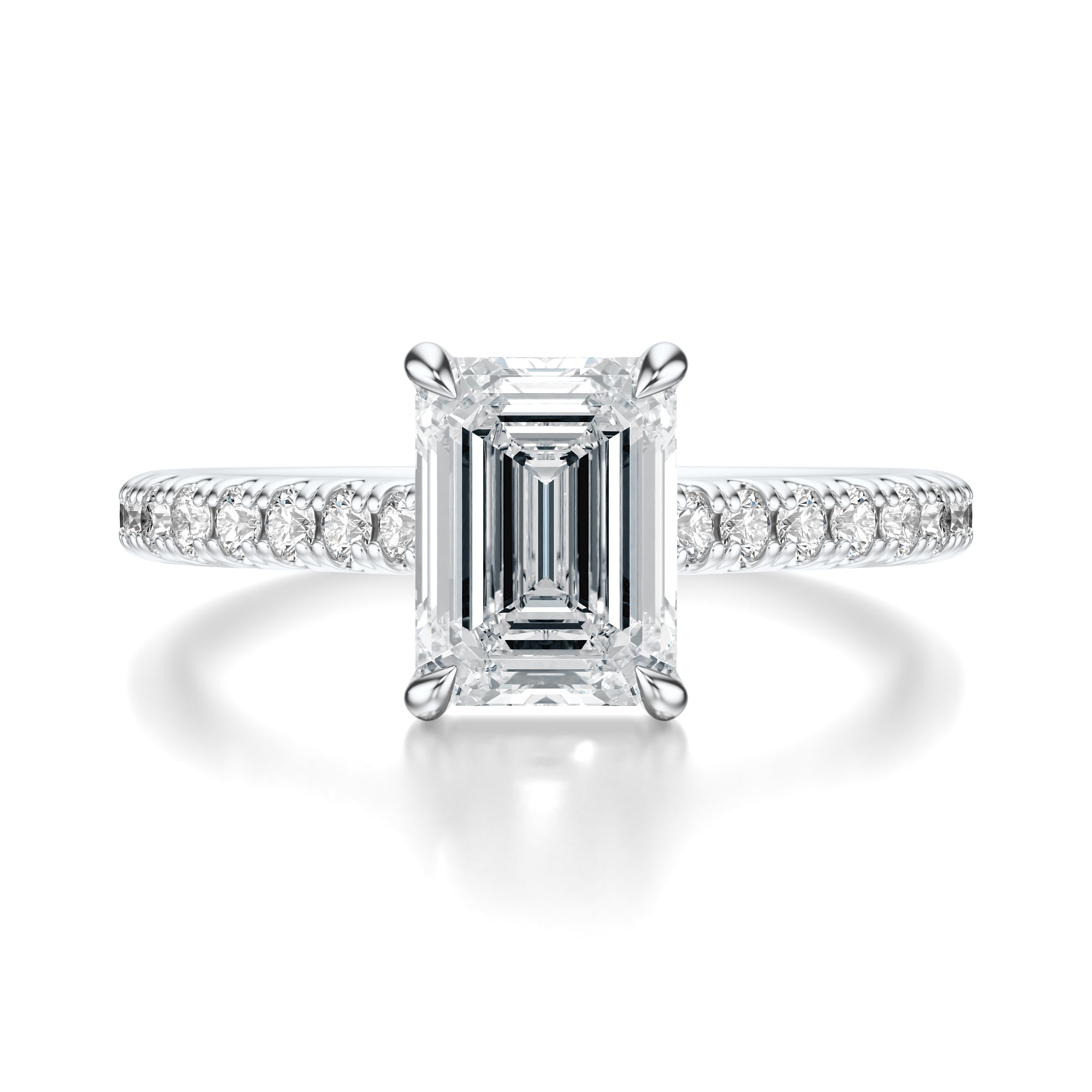 Signature Cathedral Emerald Engagement Ring - White Gold Pavé Band - Front View