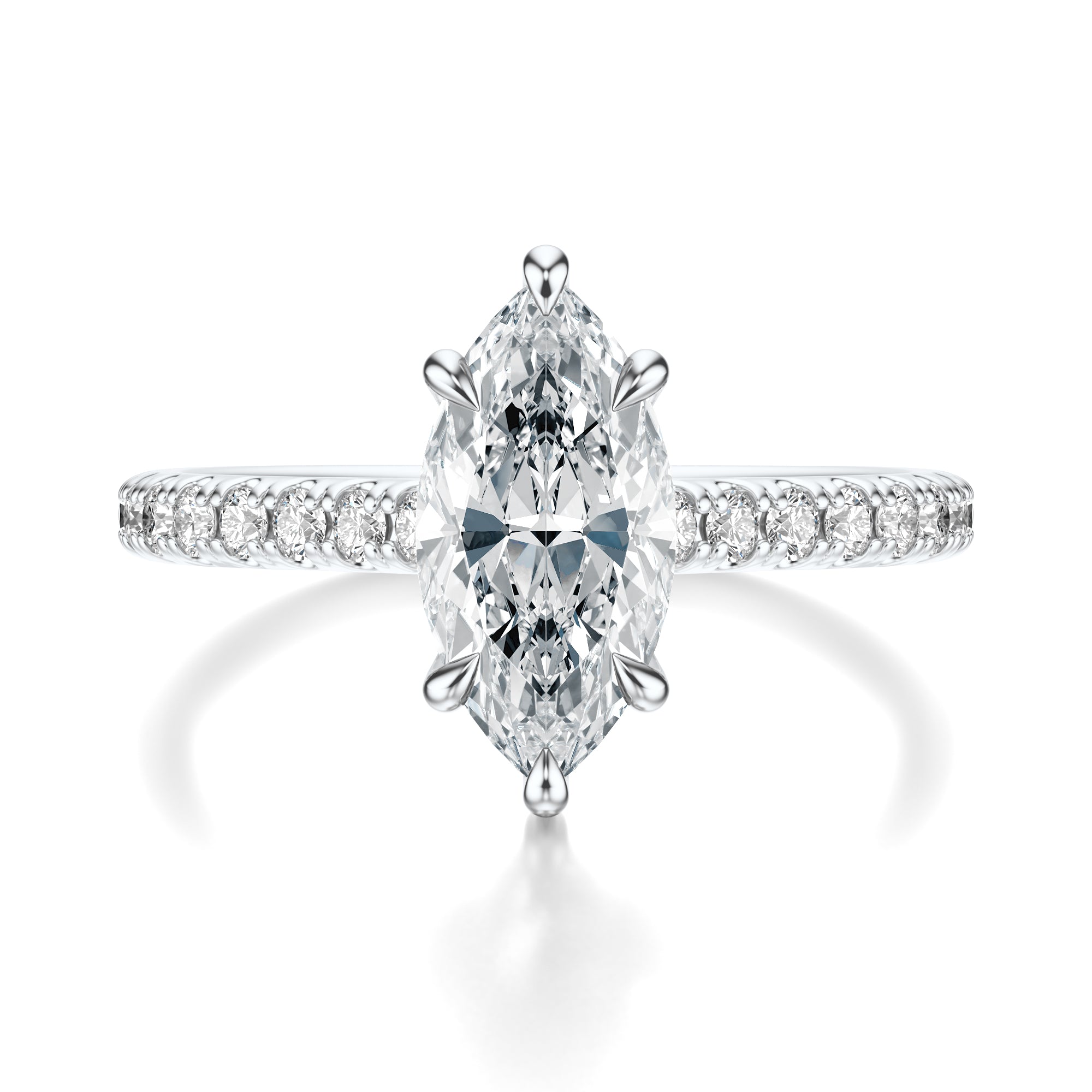 Signature Cathedral Marquise Engagement Ring - White Gold Pavé Band - Front View