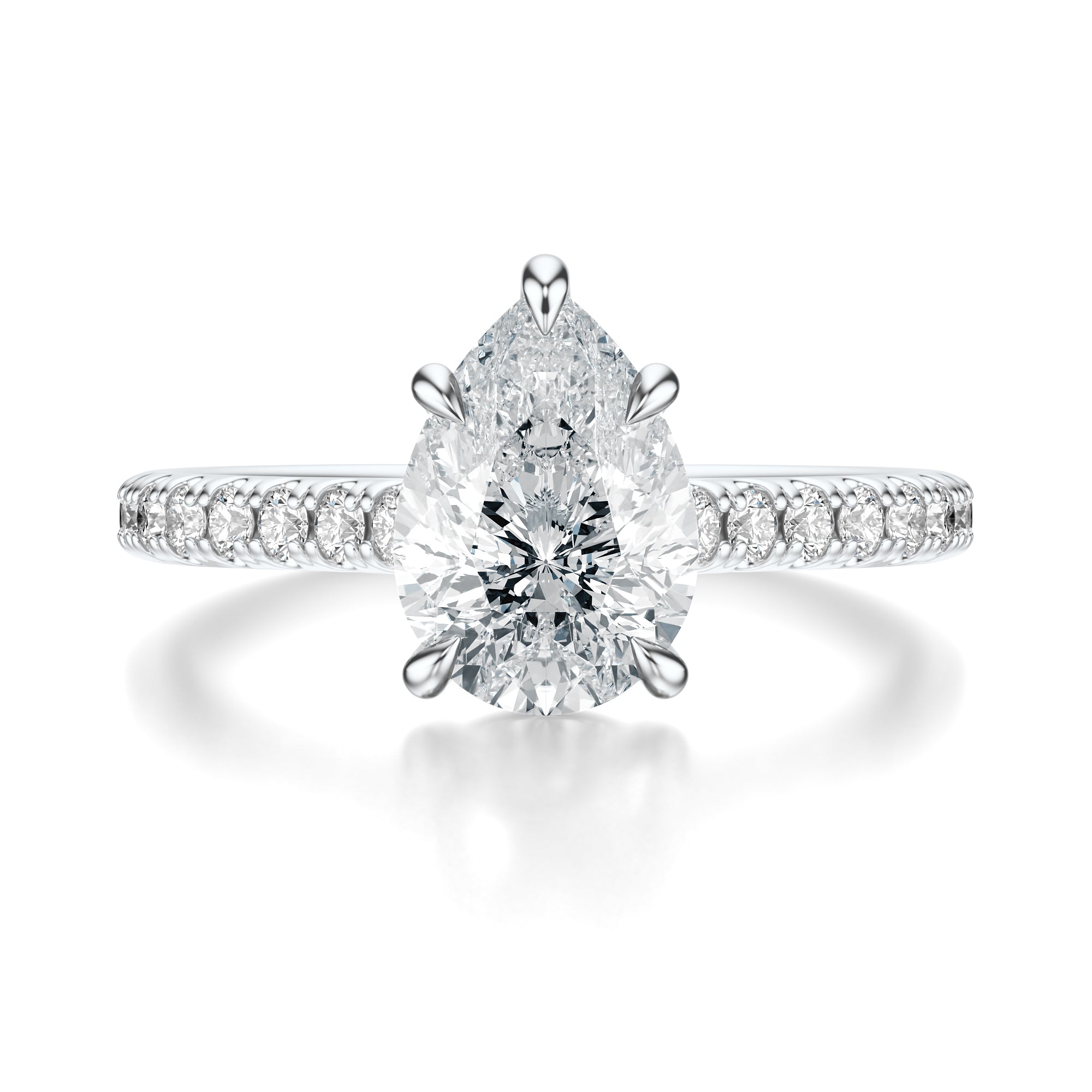 Signature Cathedral Pear Engagement Ring - White Gold Pavé Band - Front View