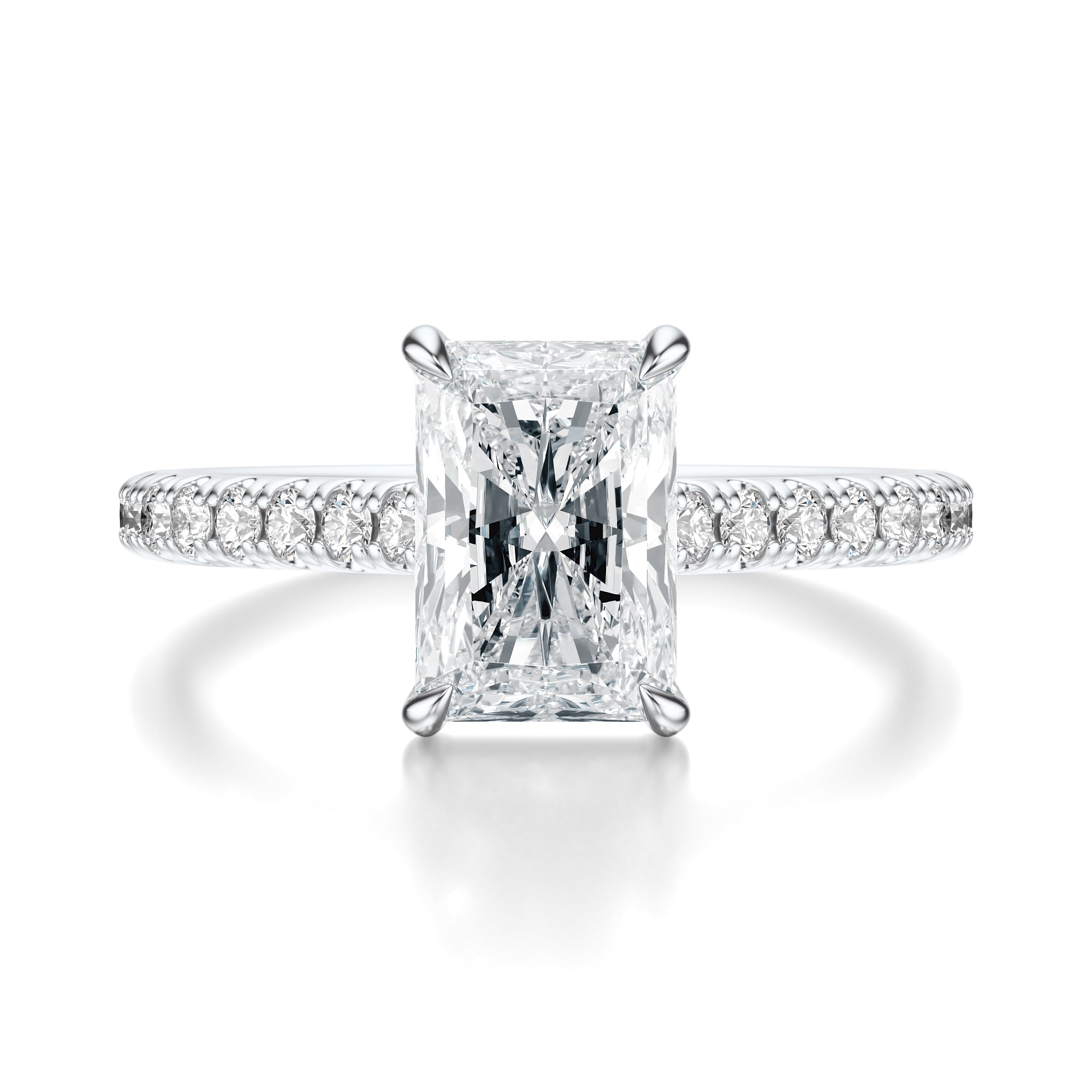 Signature Cathedral Radiant Engagement Ring - White Gold Pavé Band - Front View