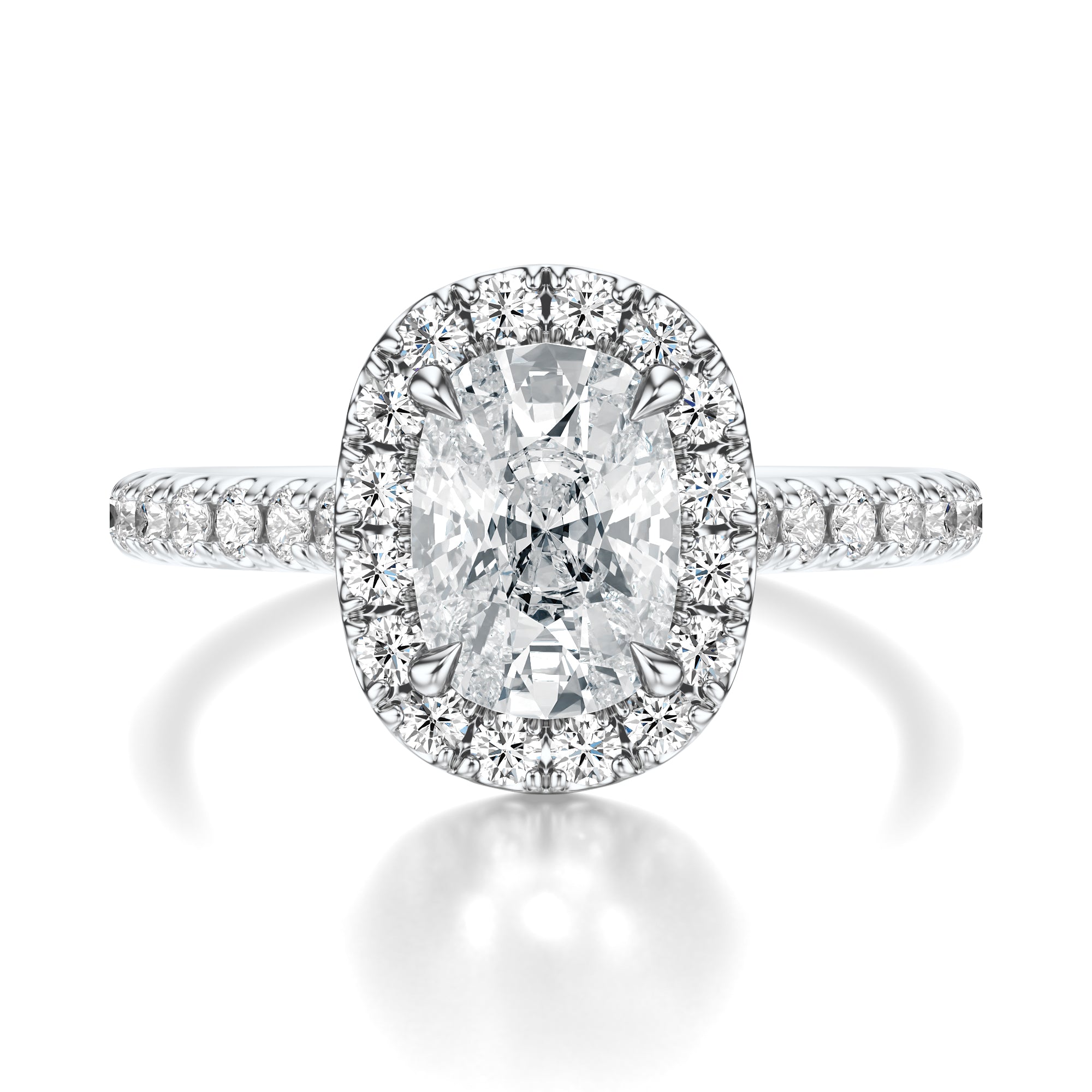 Signature Halo Elongated Cushion Engagement Ring - White Gold Pavé Band - Front View