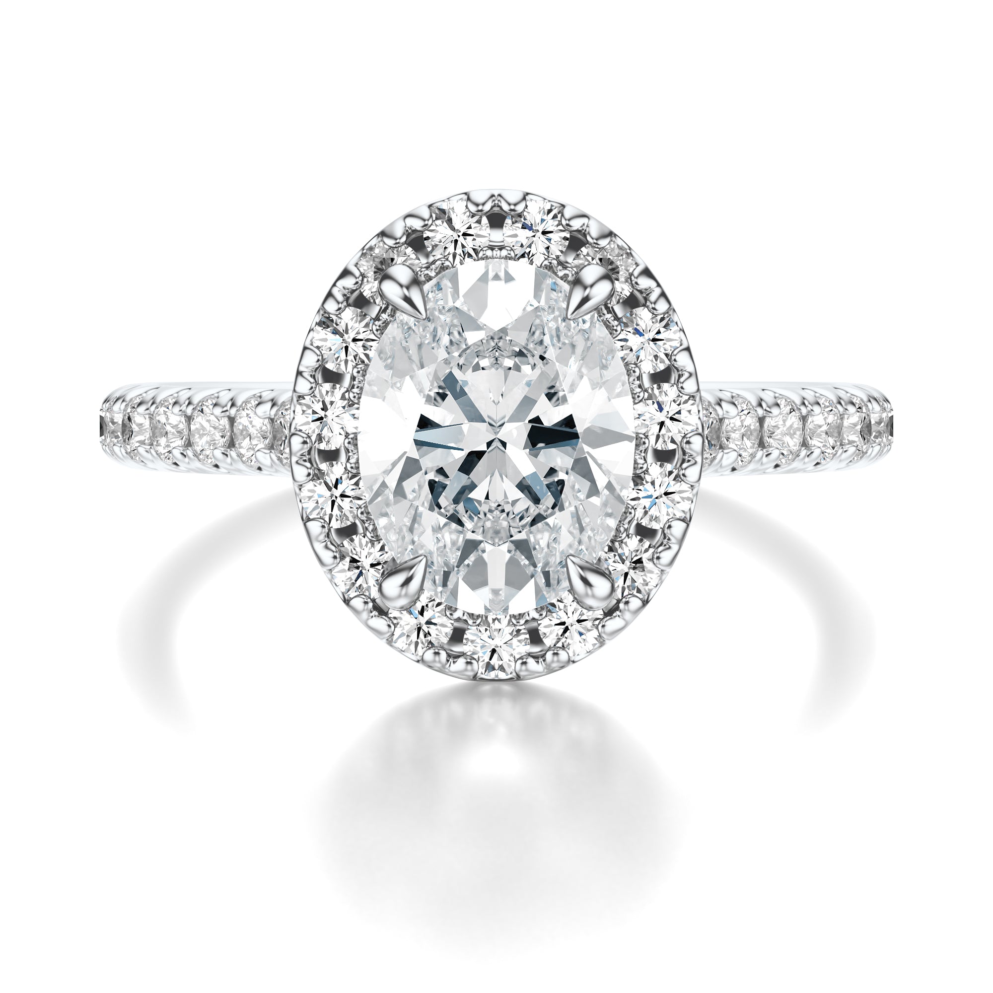 Signature Halo Oval Engagement Ring - White Gold Pavé Band - Front View