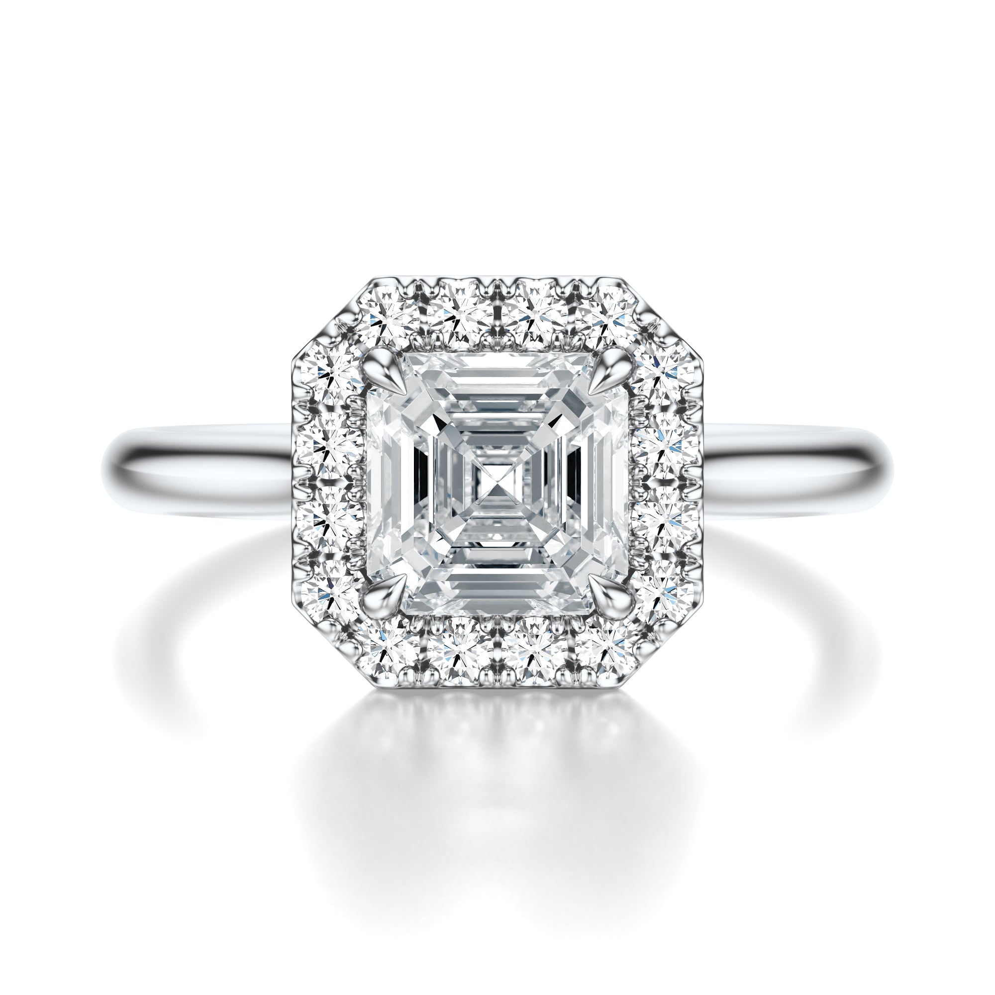 Signature Halo Asscher Engagement Ring - White Gold Polished Band - Front View