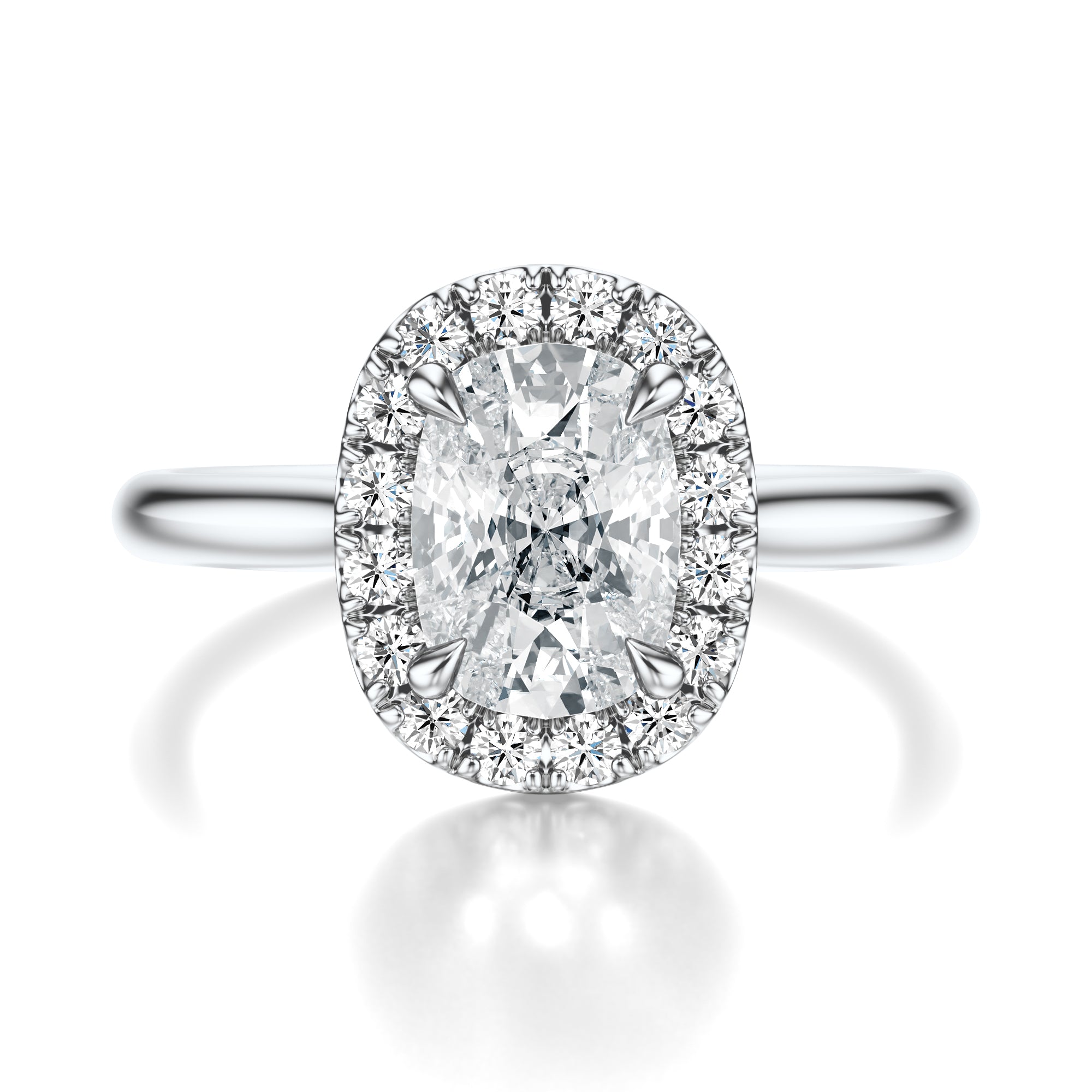Signature Halo Elongated Cushion Engagement Ring - White Gold Polished Band - Front View