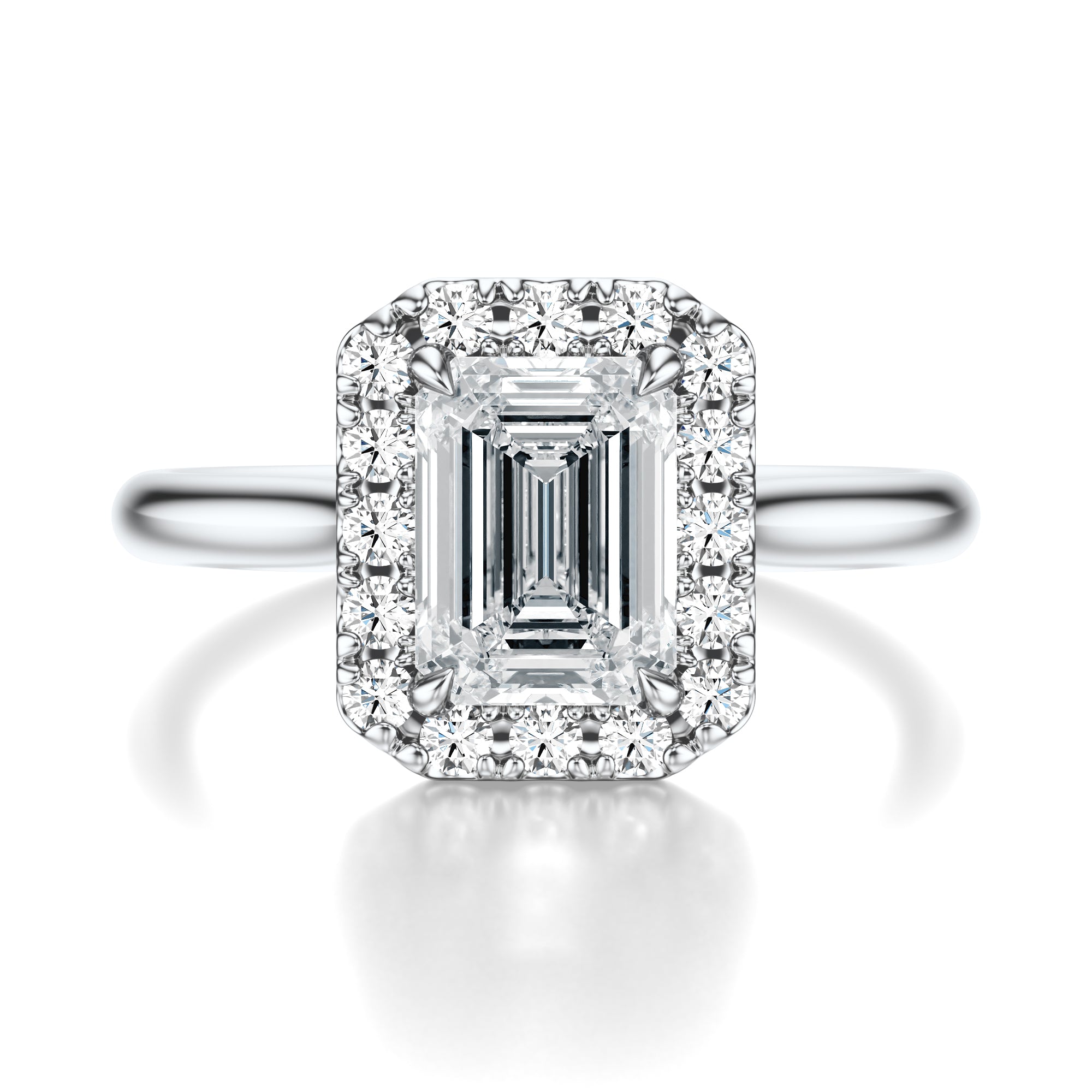 Signature Halo Emerald Engagement Ring - White Gold Polished Band - Front View