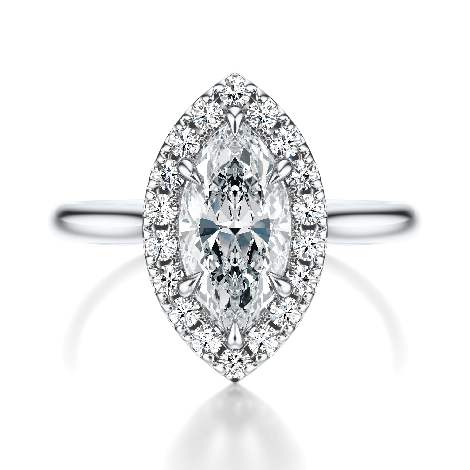 Signature Halo Marquise Engagement Ring - White Gold Polished Band - Front View