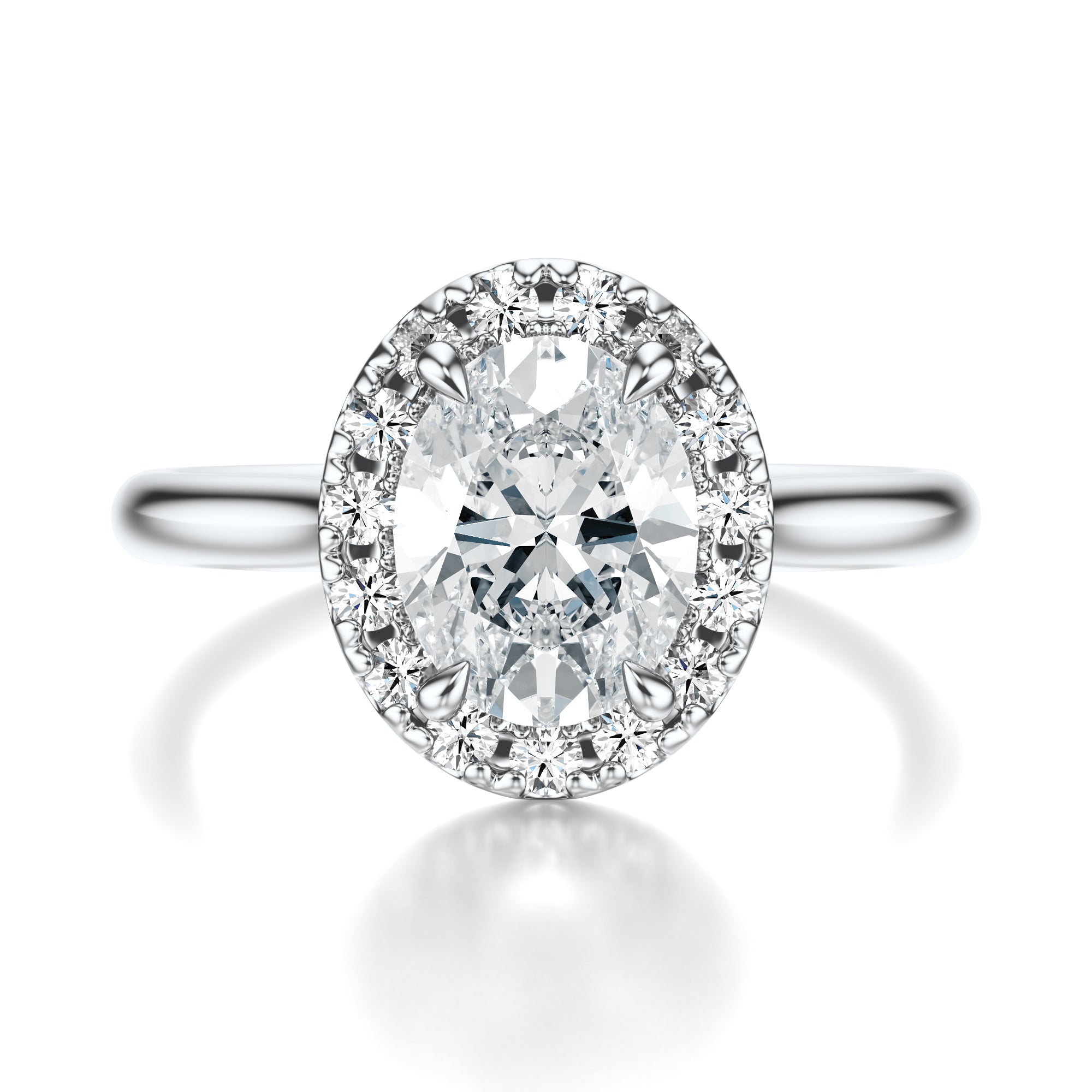 Signature Halo Oval Engagement Ring - White Gold Polished Band - Front View