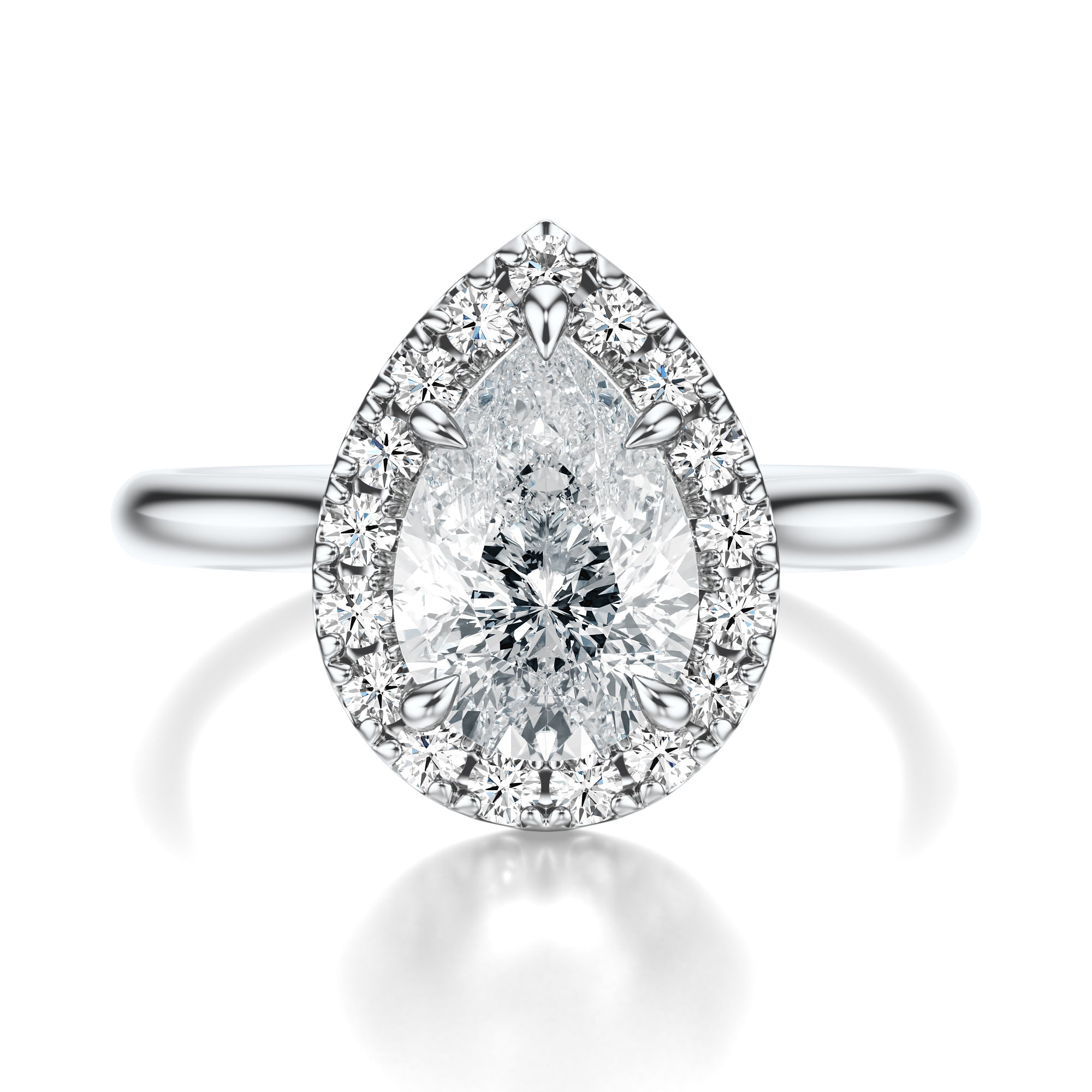 Signature Halo Pear Engagement Ring - White Gold Polished Band - Front View