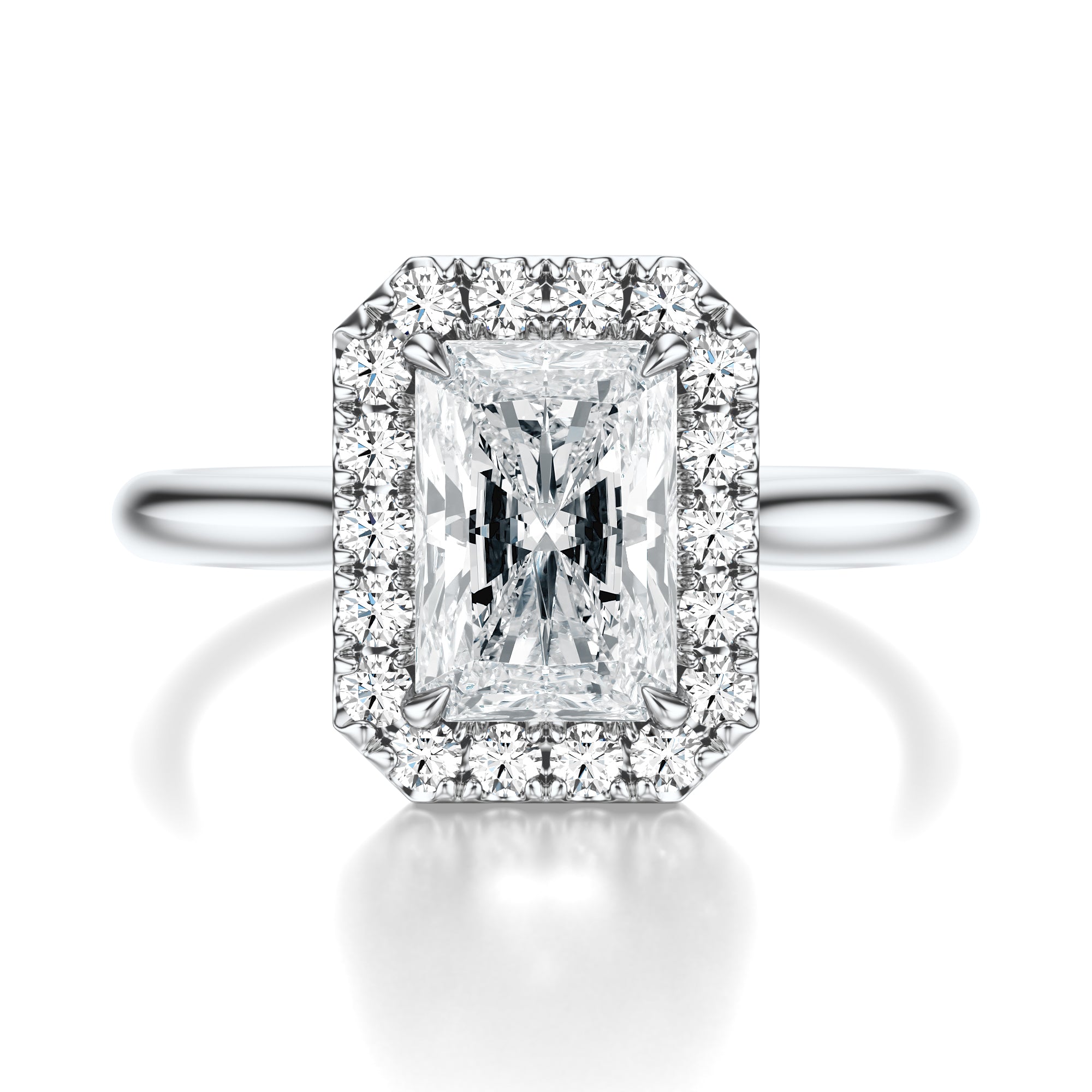 Signature Halo Radiant Engagement Ring - White Gold Polished Band - Front View