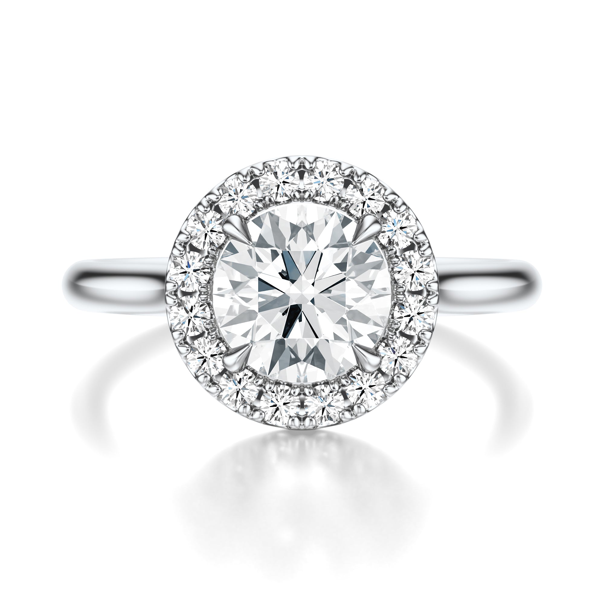 Signature Halo Round Engagement Ring - White Gold Polished Band - Front View