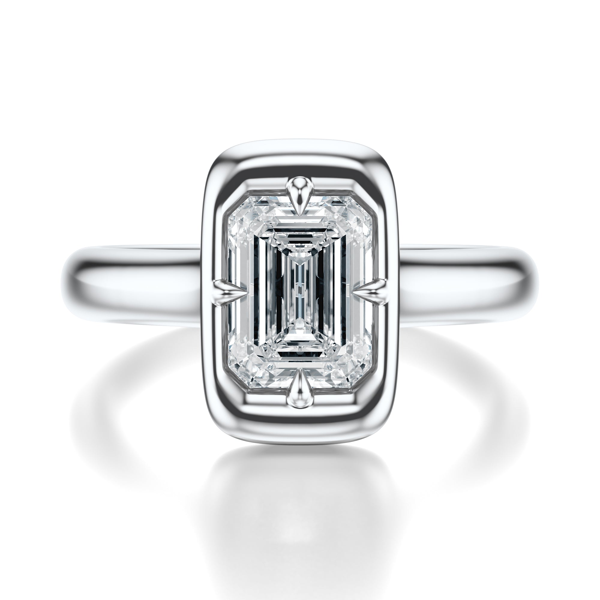Signature Heirloom Bezel Emerald Engagement Ring - White Gold Polished Band - Front View