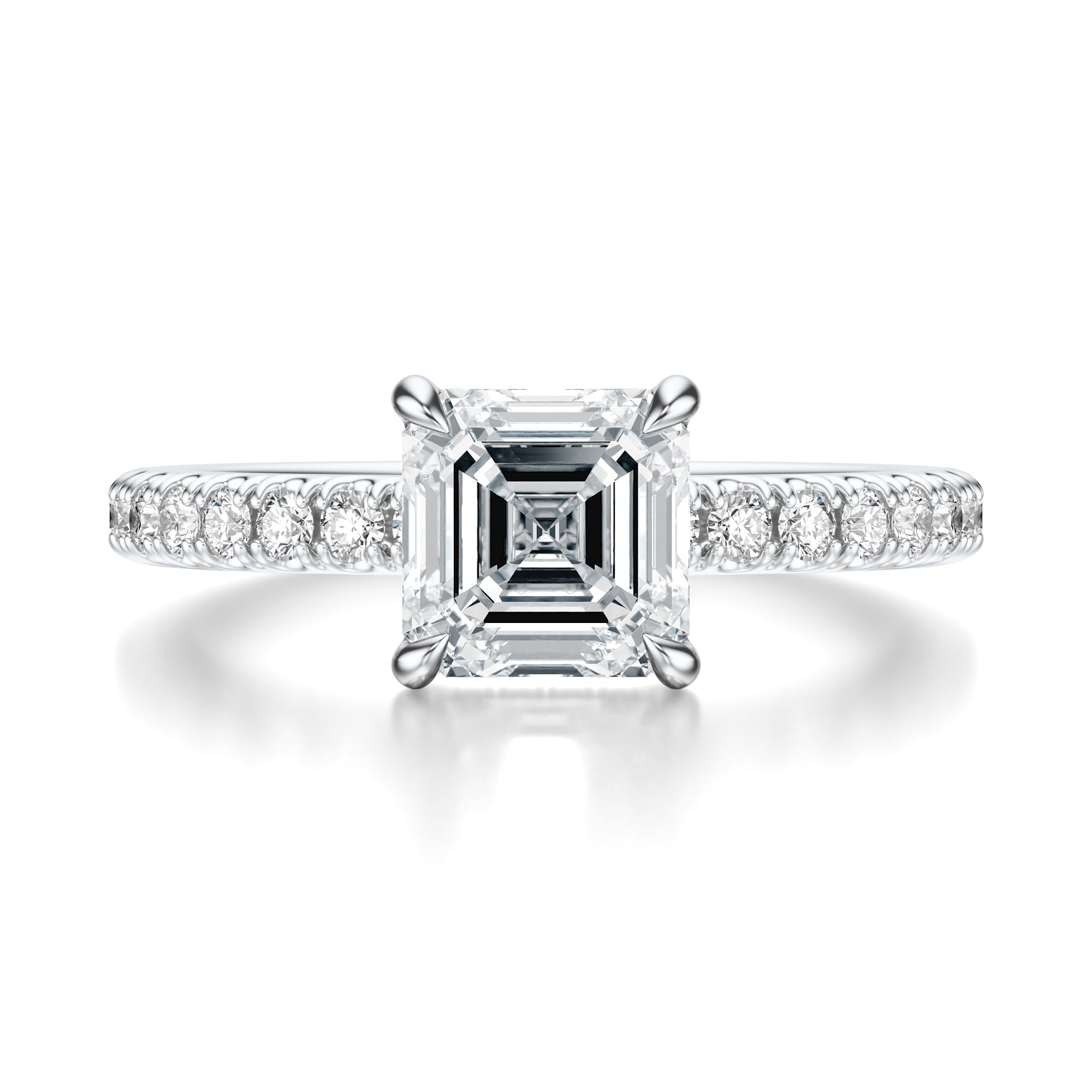 Signature Hidden Halo Asscher Engagement Ring - White Gold Pavé Band - Front View