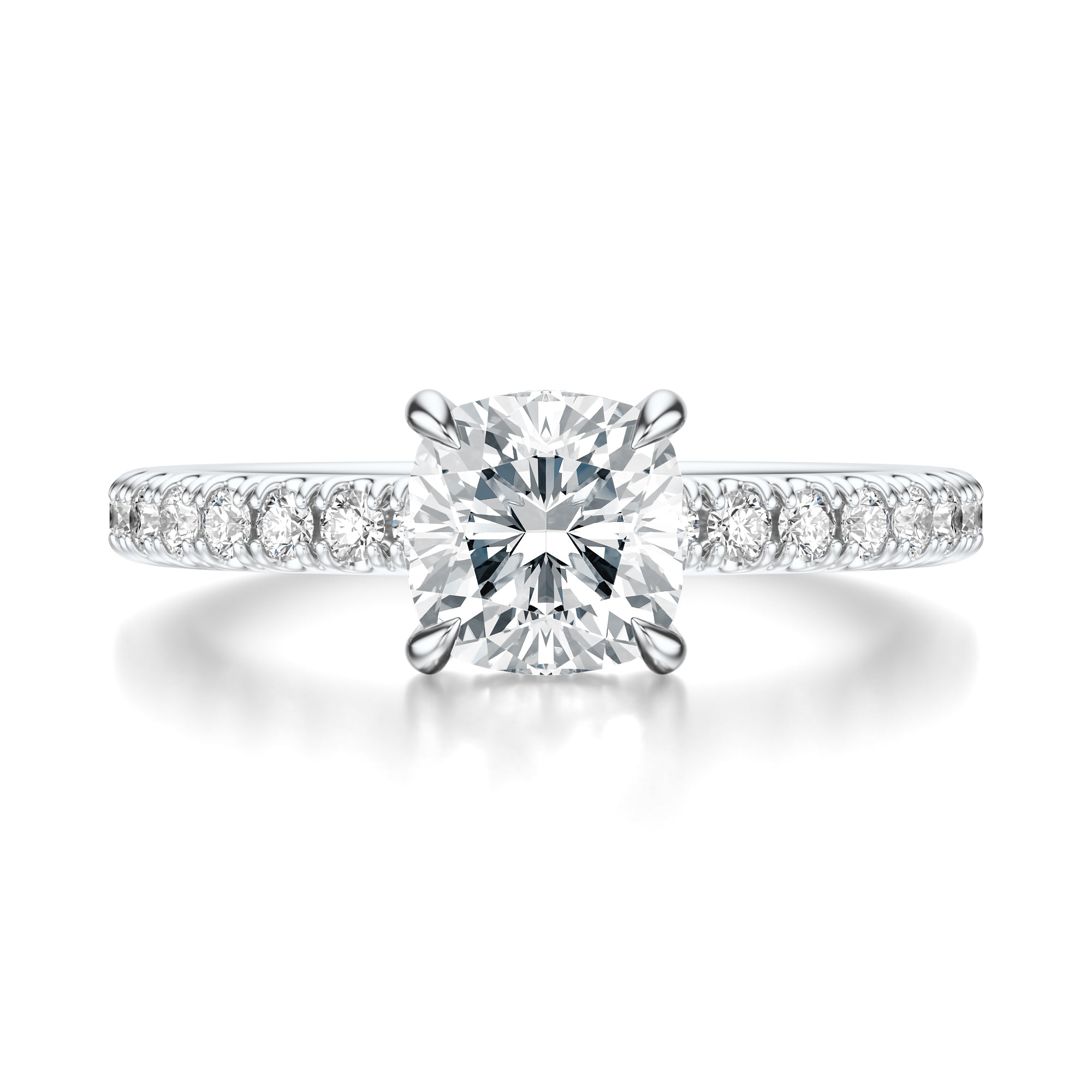 Signature Hidden Halo Cushion Engagement Ring - White Gold Pavé Band - Front View