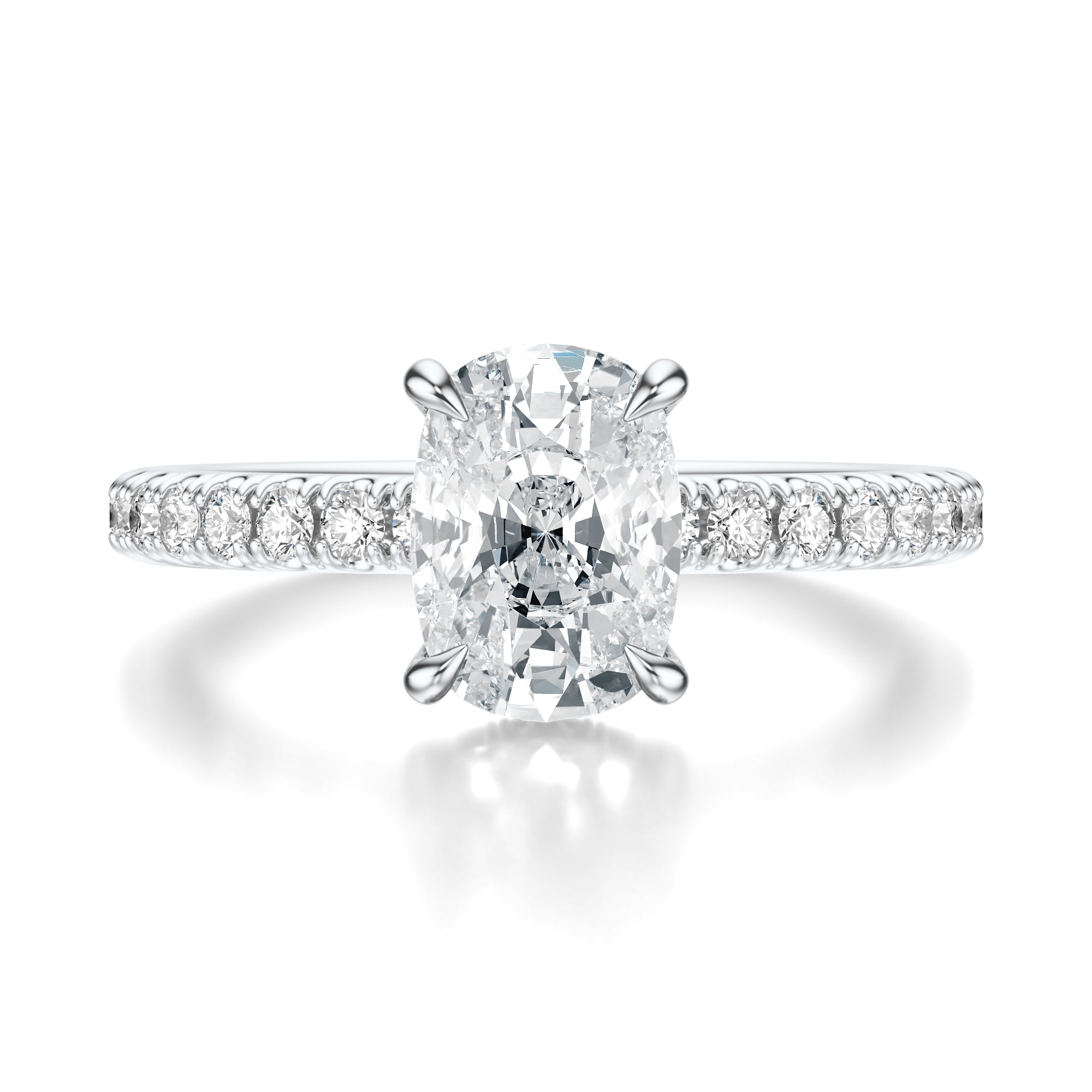 Signature Hidden Halo Elongated Cushion Engagement Ring - White Gold Pavé Band - Front View