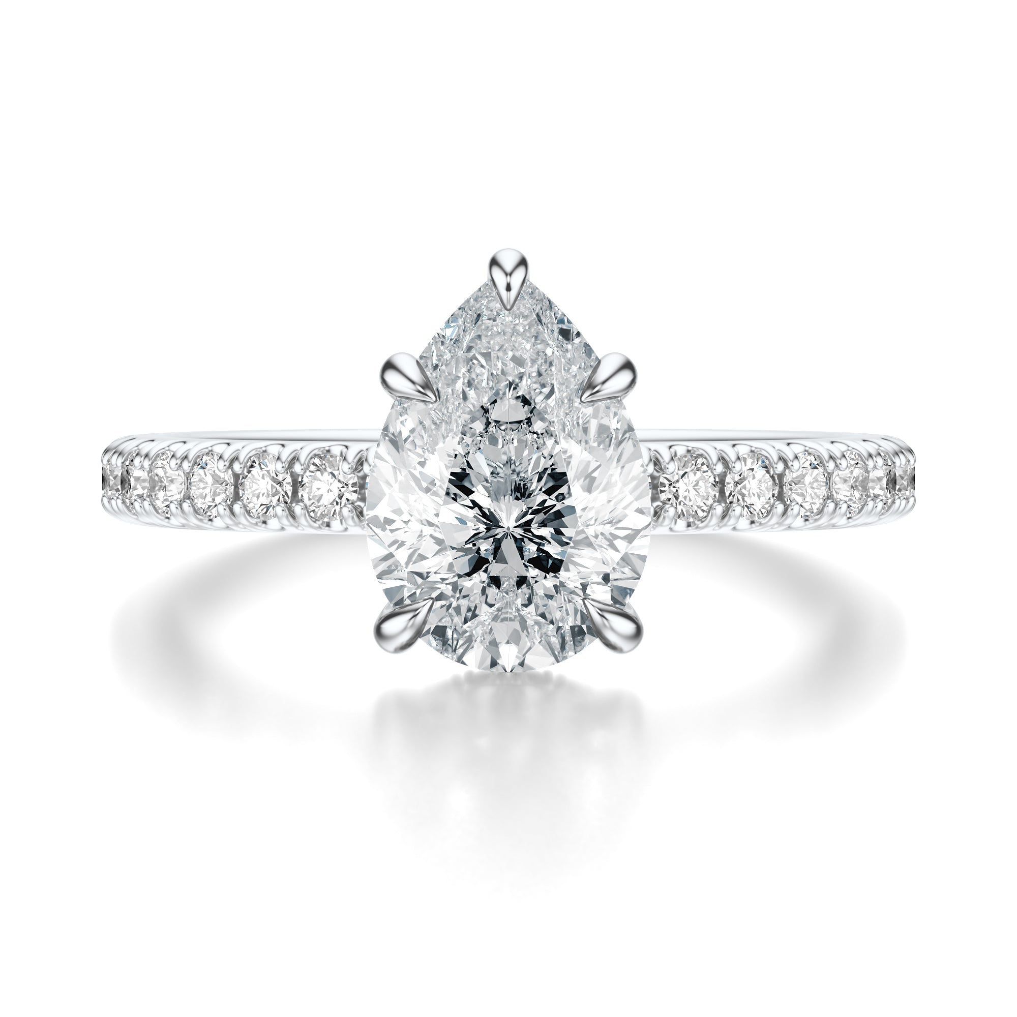 Signature Hidden Halo Pear Engagement Ring - White Gold Pavé Band - Front View