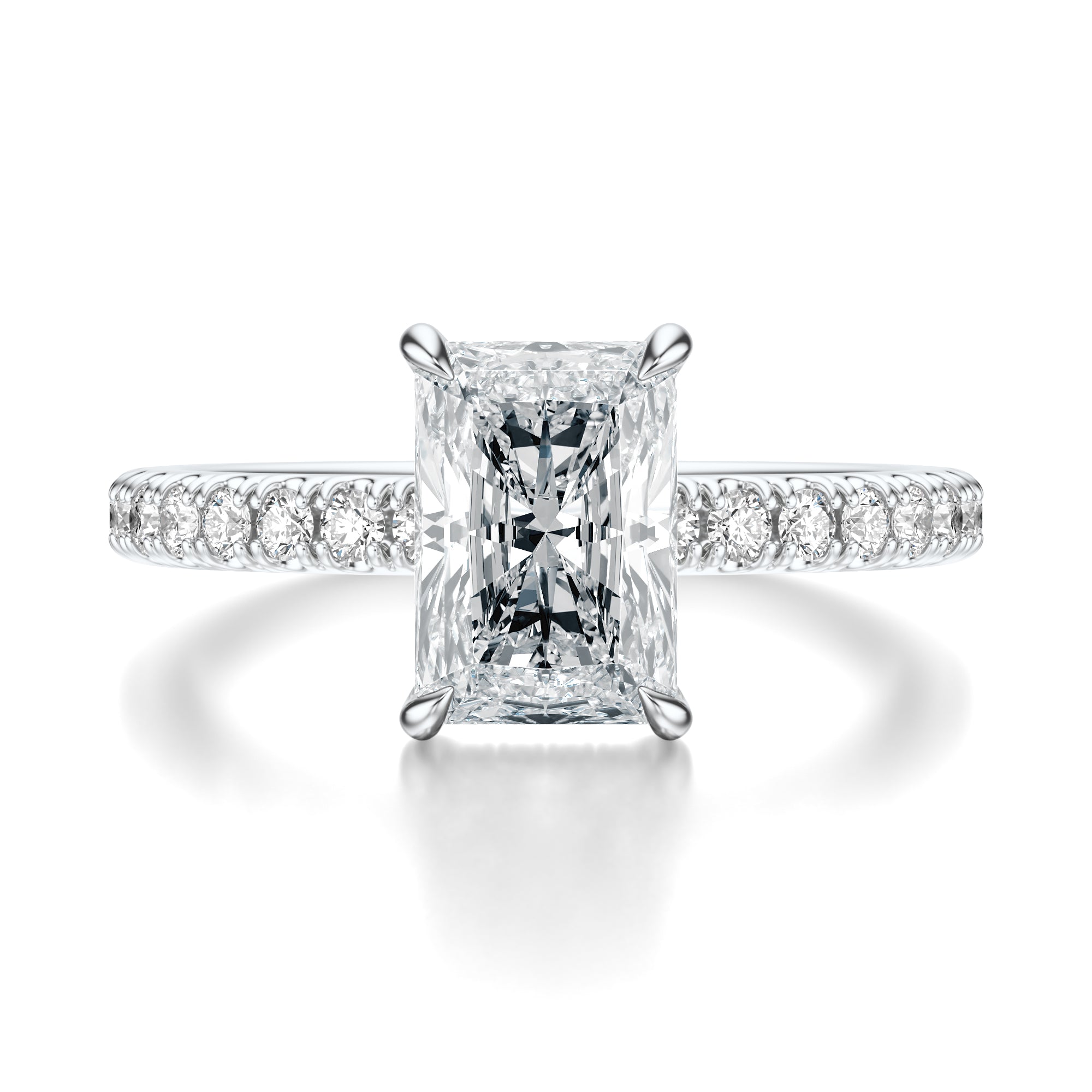 Signature Hidden Halo Radiant Engagement Ring - White Gold Pavé Band - Front View