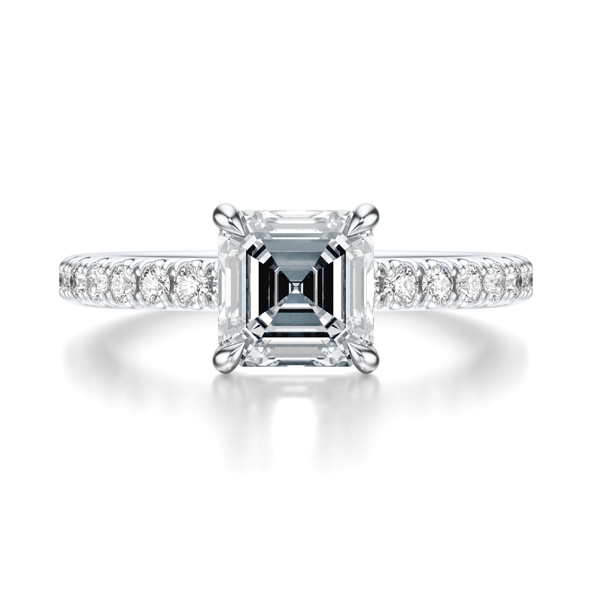 Signature Solitaire Asscher Engagement Ring - White Gold Pavé Band - Front View