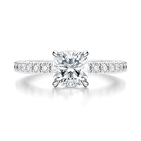 Signature Solitaire Cushion Engagement Ring - White Gold Pavé Band - Front View
